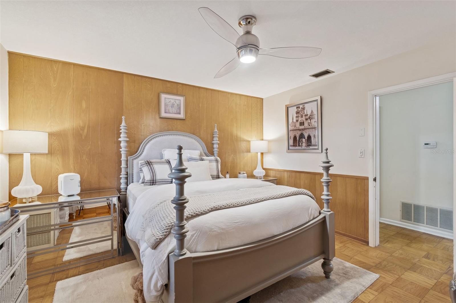 Bedroom #2 w/Parquet Flooring & Wood Paneling