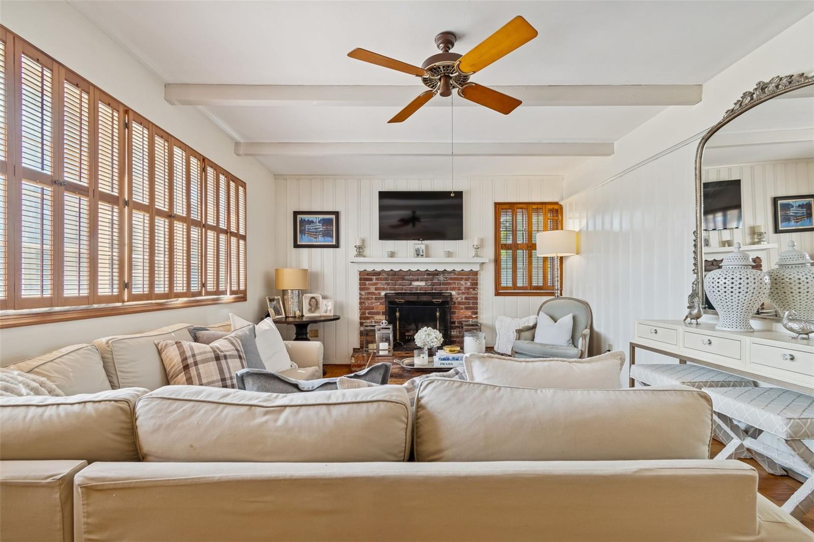 Formal Living Room w/Wood Beams & Wood-burning Fireplace