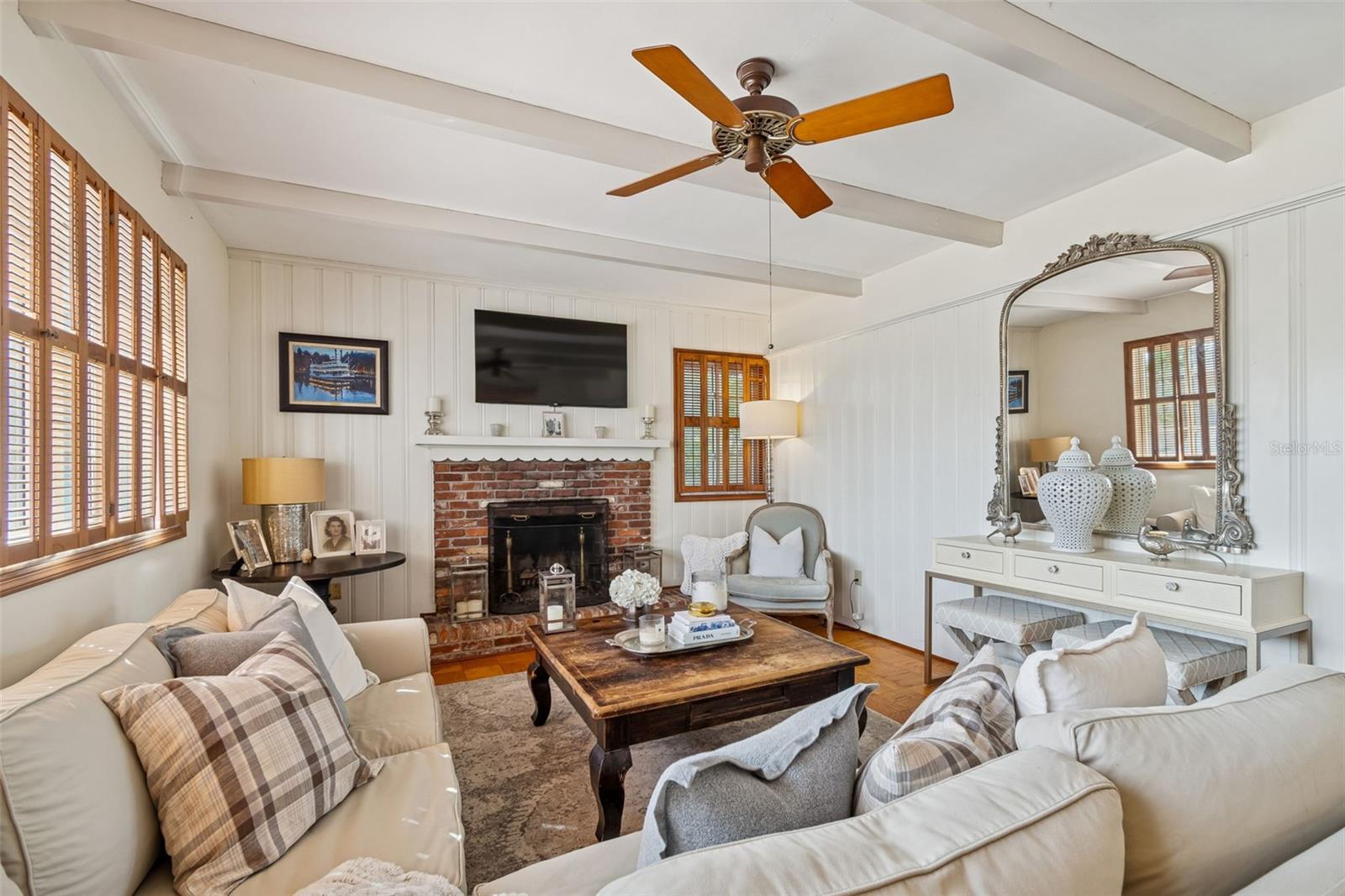 Formal Living Room w/Wood Beams & Wood-burning Fireplace