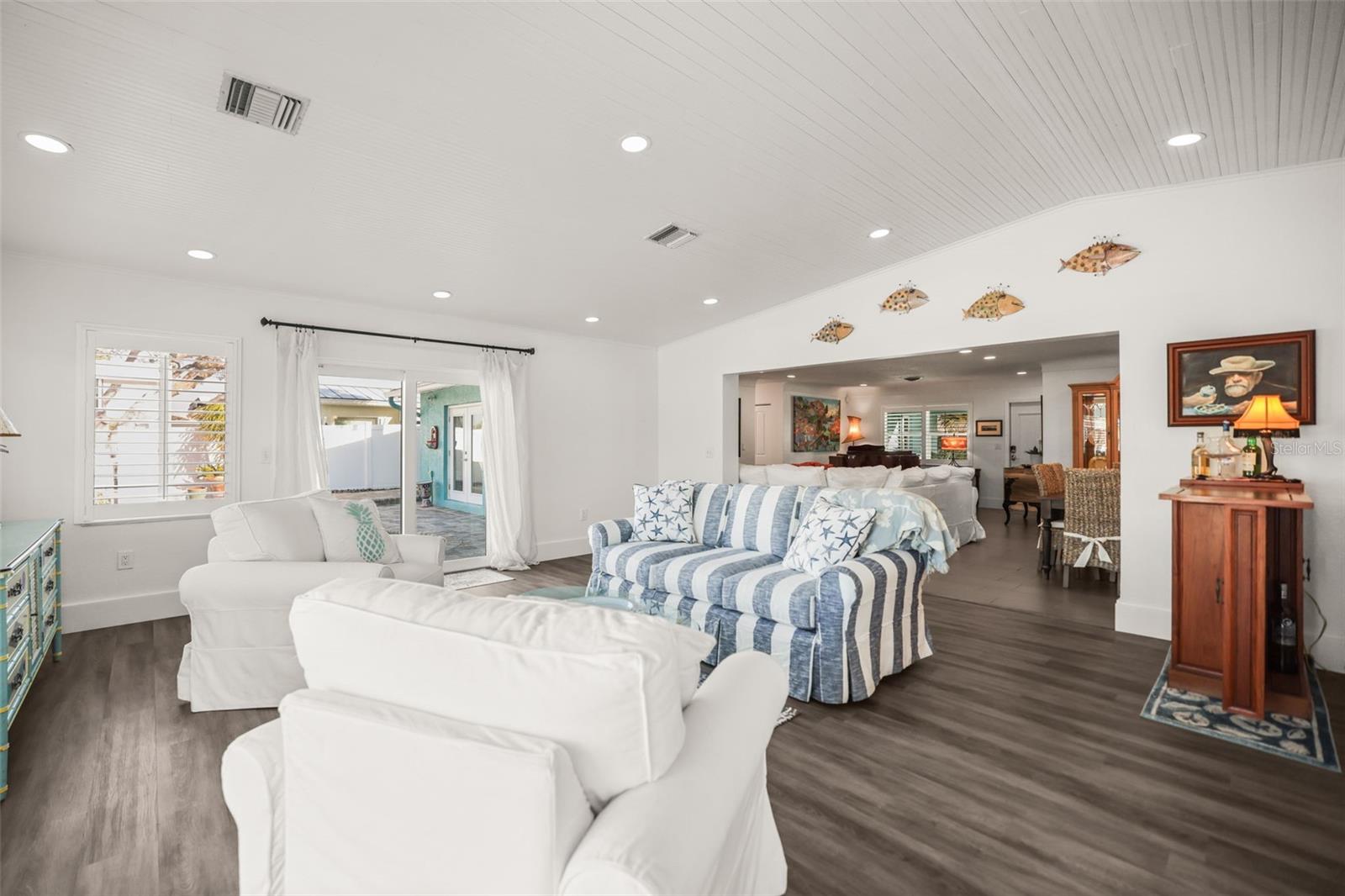 Family Room with Vaulted Beadboard Ceiling