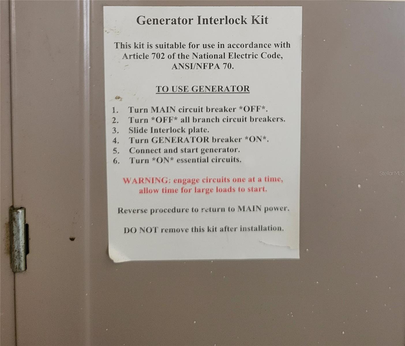 Generator info on electric panel with new hookup