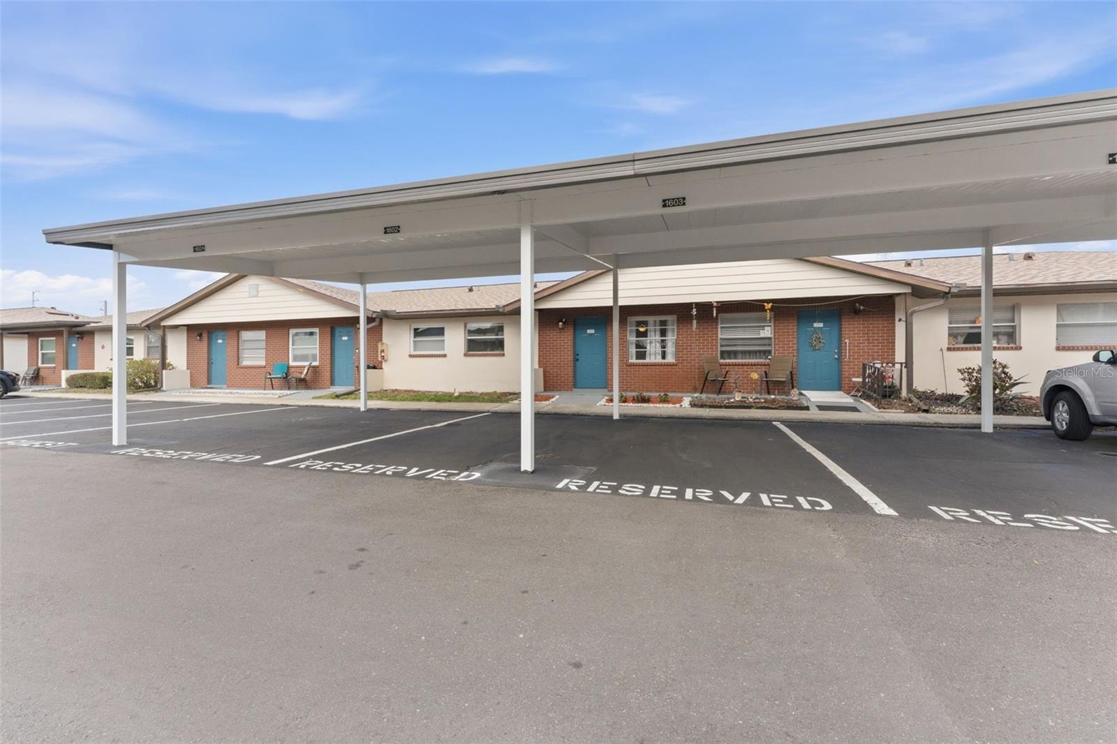 Reserved covered carport parking just steps from your front door.