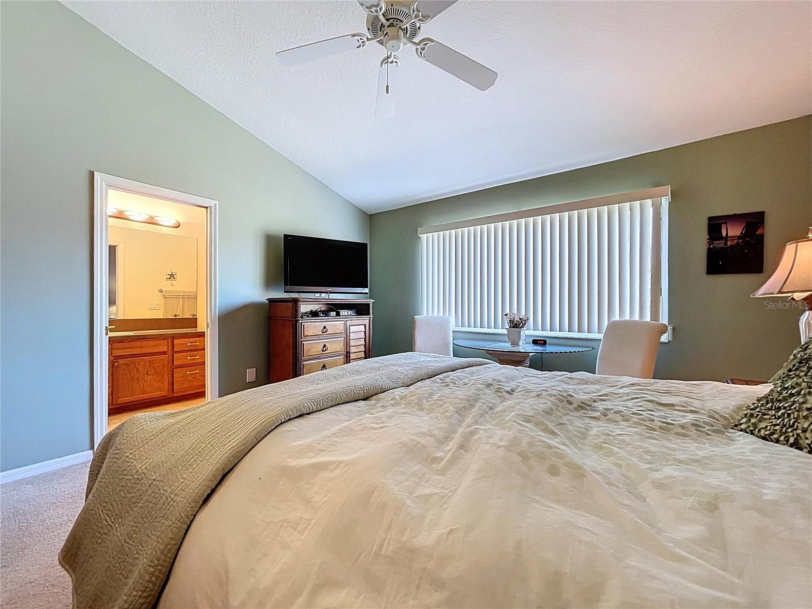 The Primary bedroom is spacious with vaulted ceilings and a large walk-in closet.