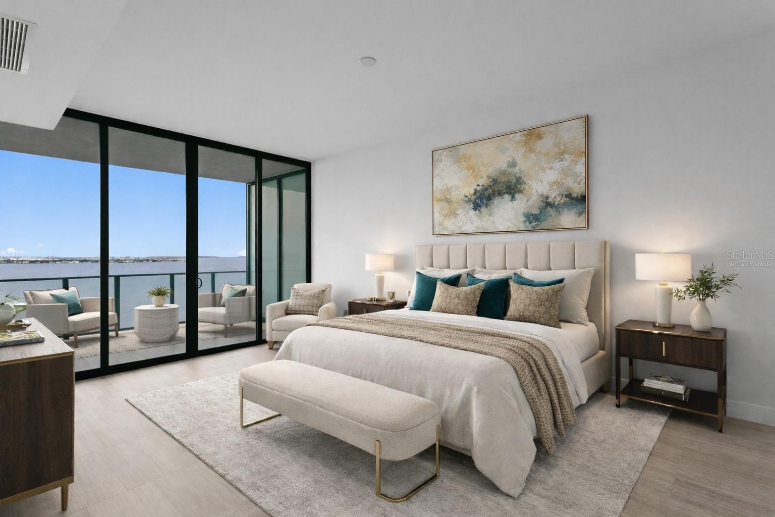 Virtually staged primary suite gives you sweet dreams day and night