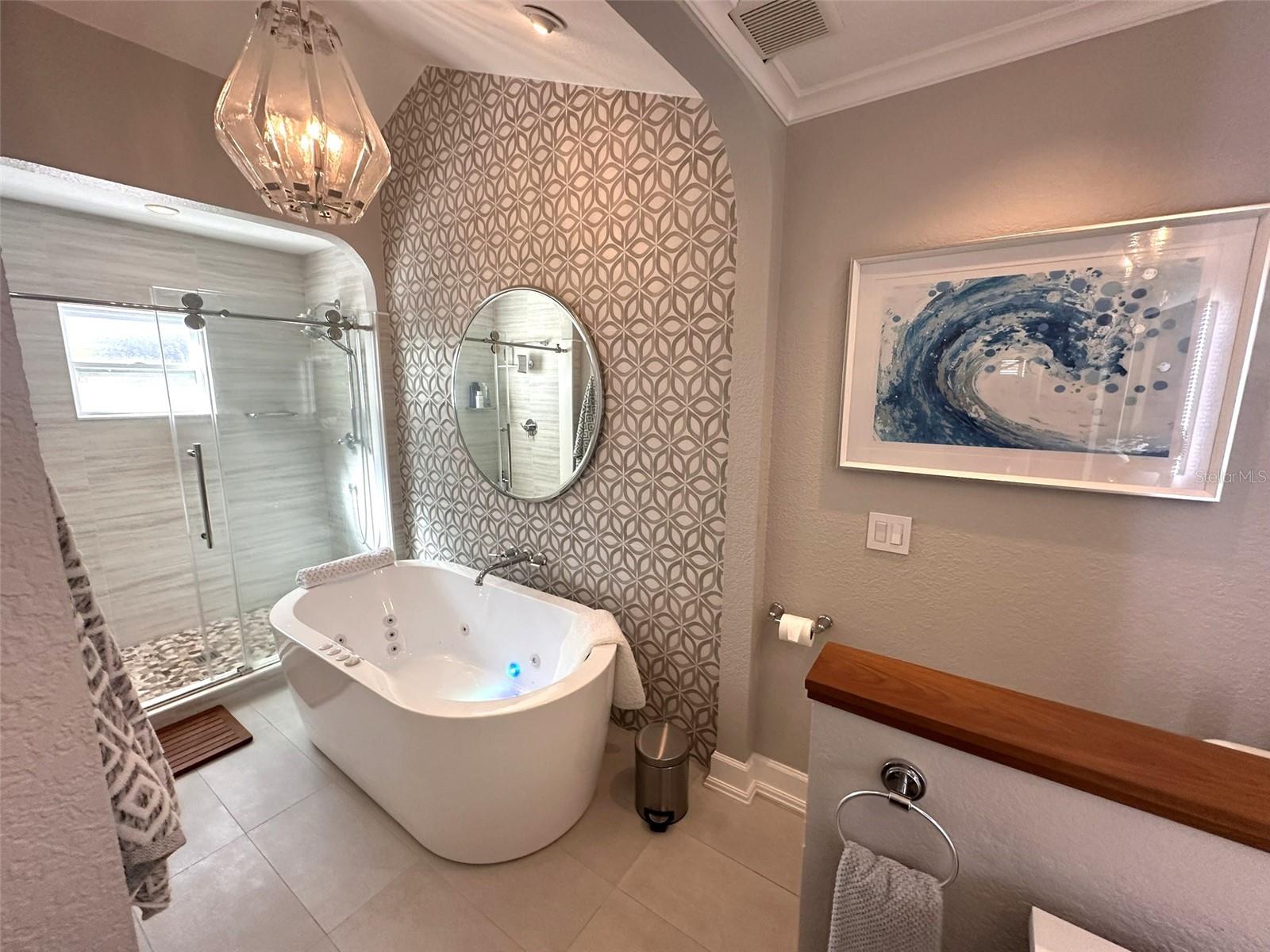 Primary Bath - Jetted and Lighted Tub, Separate Shower, Tile Wall