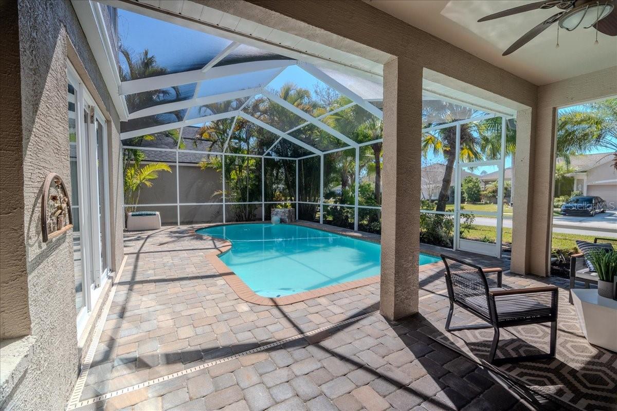 Beautiful pool area with living room, family room and master suite access