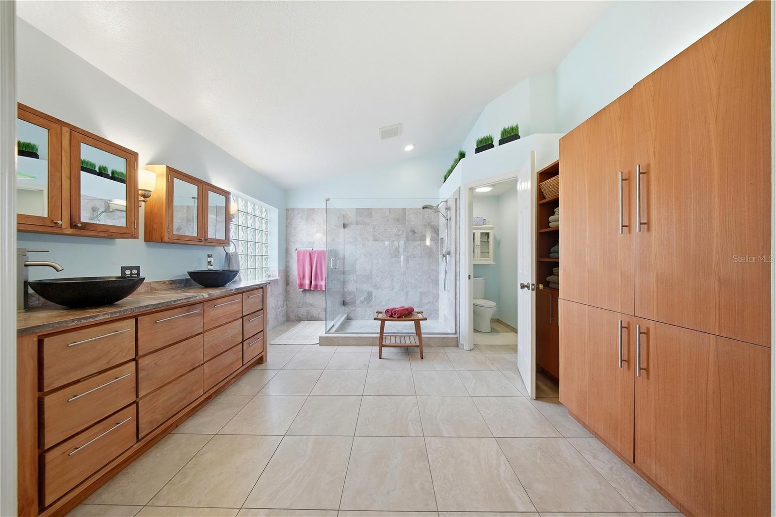 Teak wood Vanity with Travertine Top