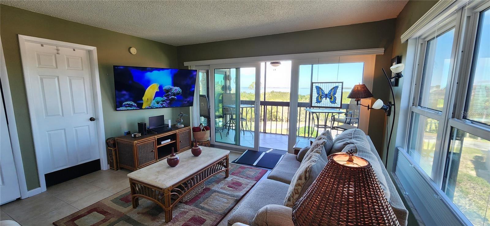 When not viewing nature, the living area has a wall mounted flat screen television.