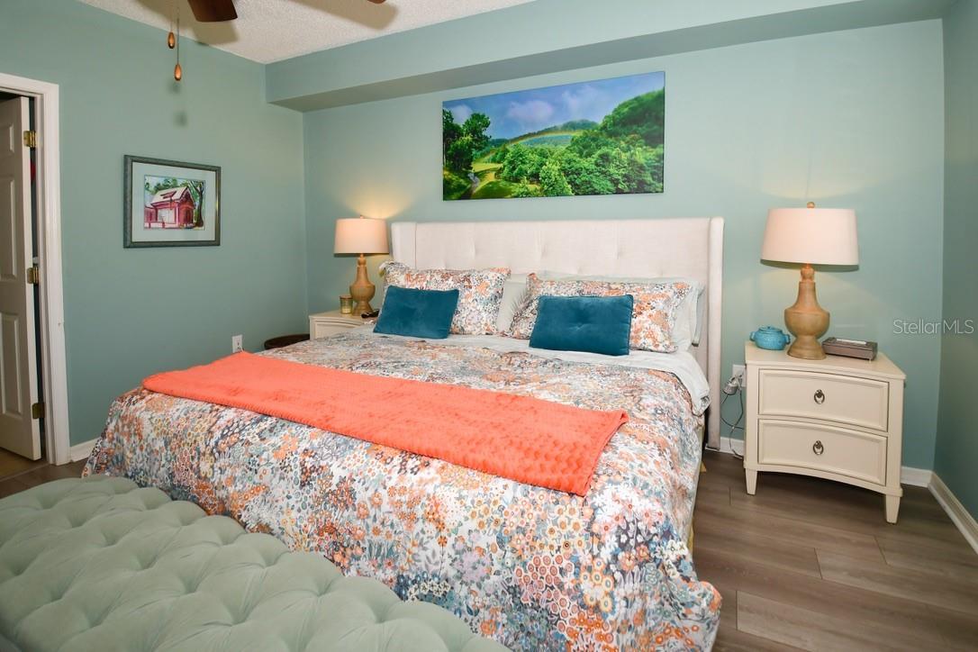 Primary bedroom with water views.