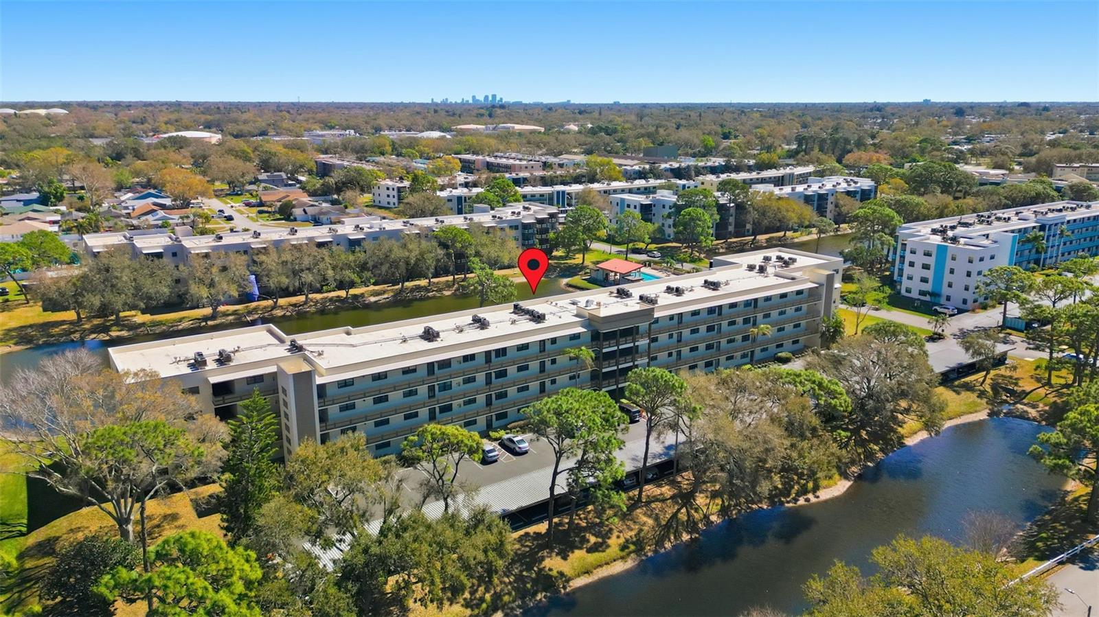 Wide drone view of residential buildings