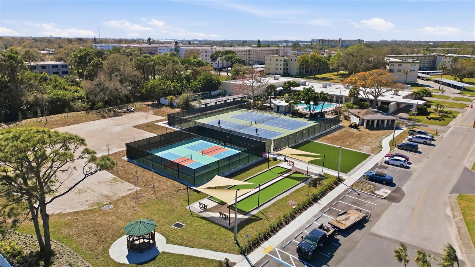 Aerial view of shuffleboard courts