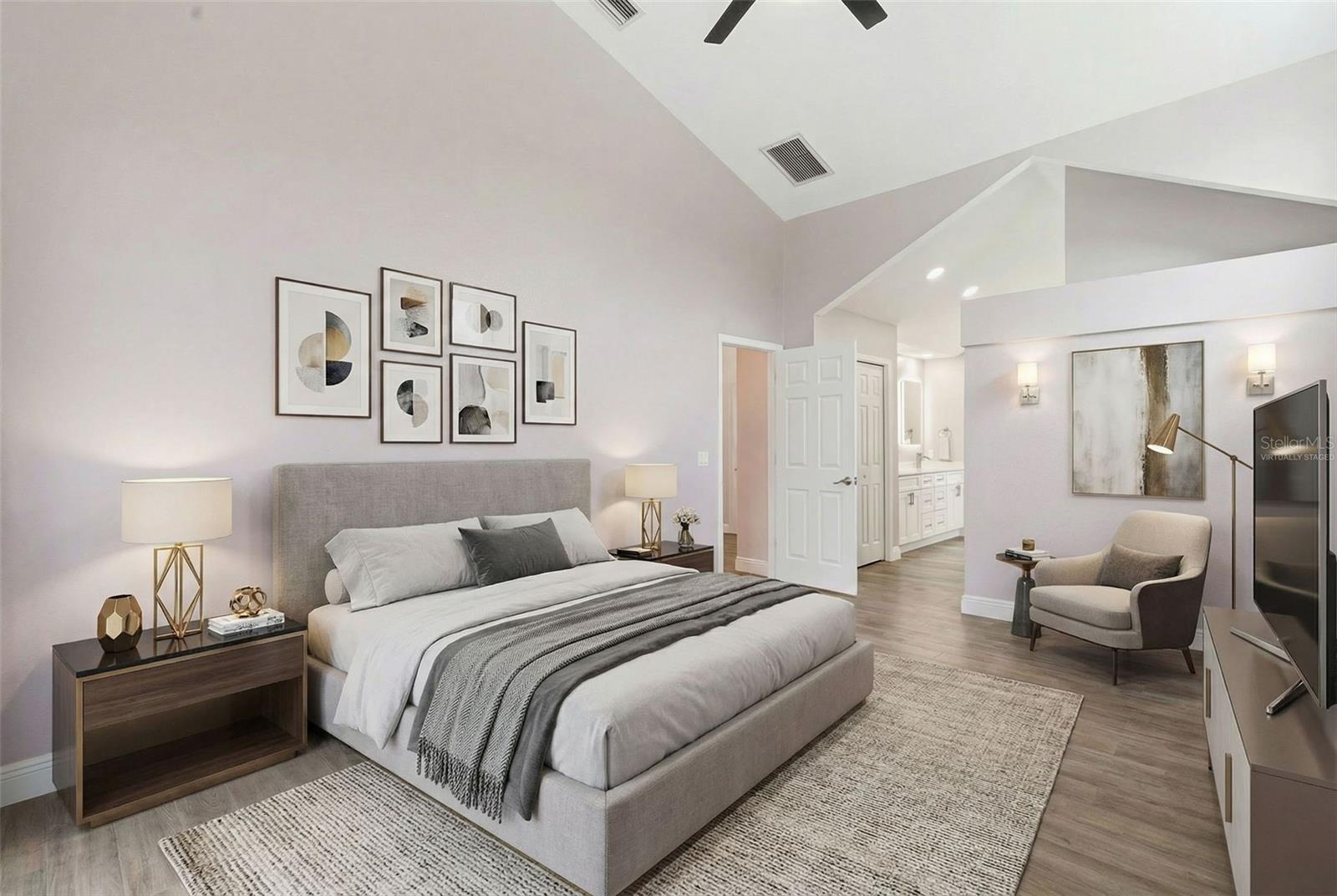 Primary Bedroom virtually staged with alternate furniture for visualization.