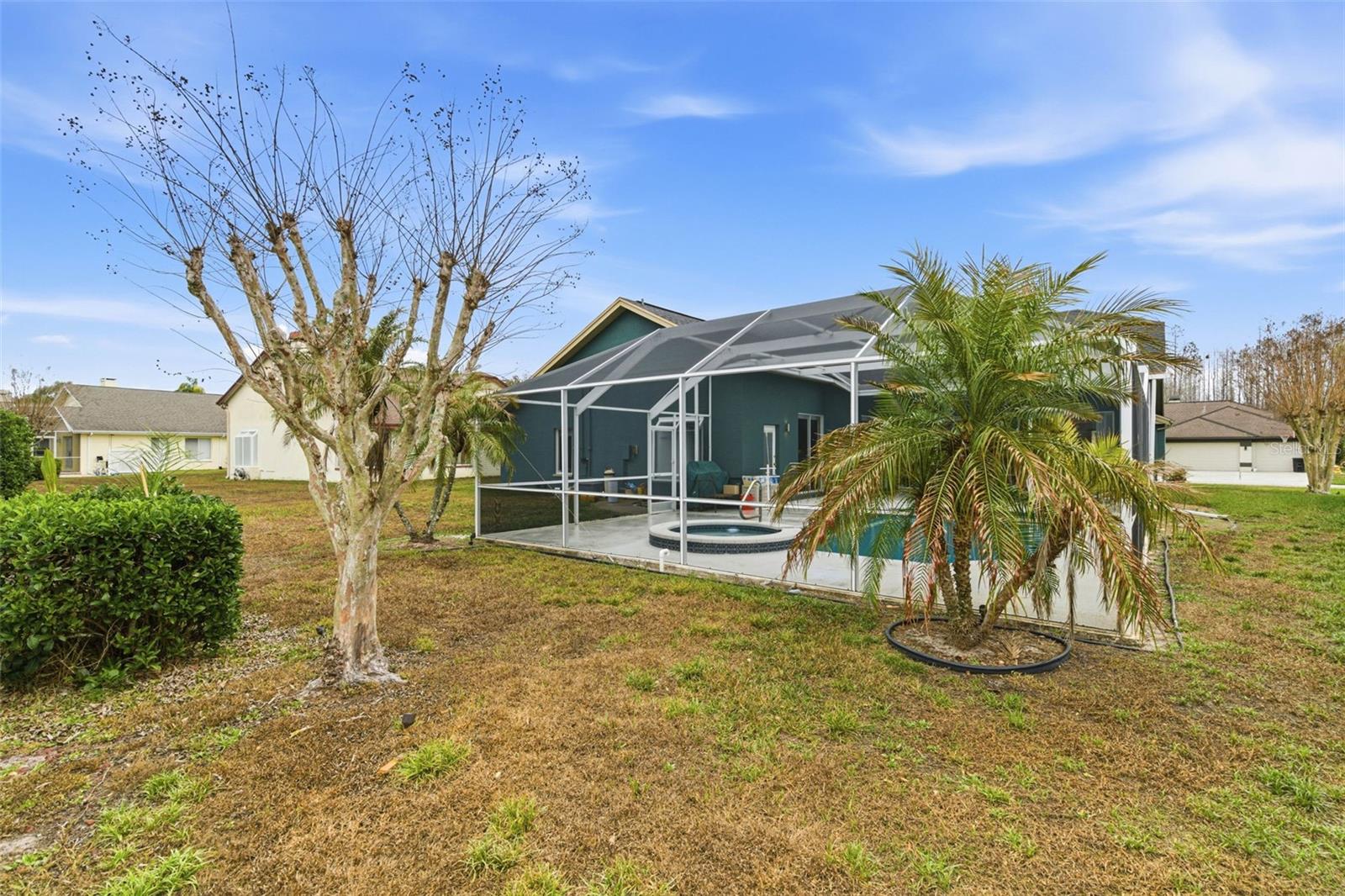 View of the back lanai enclosure with resurfaced pool and spa, complemented by manicured landscape and two palm trees.