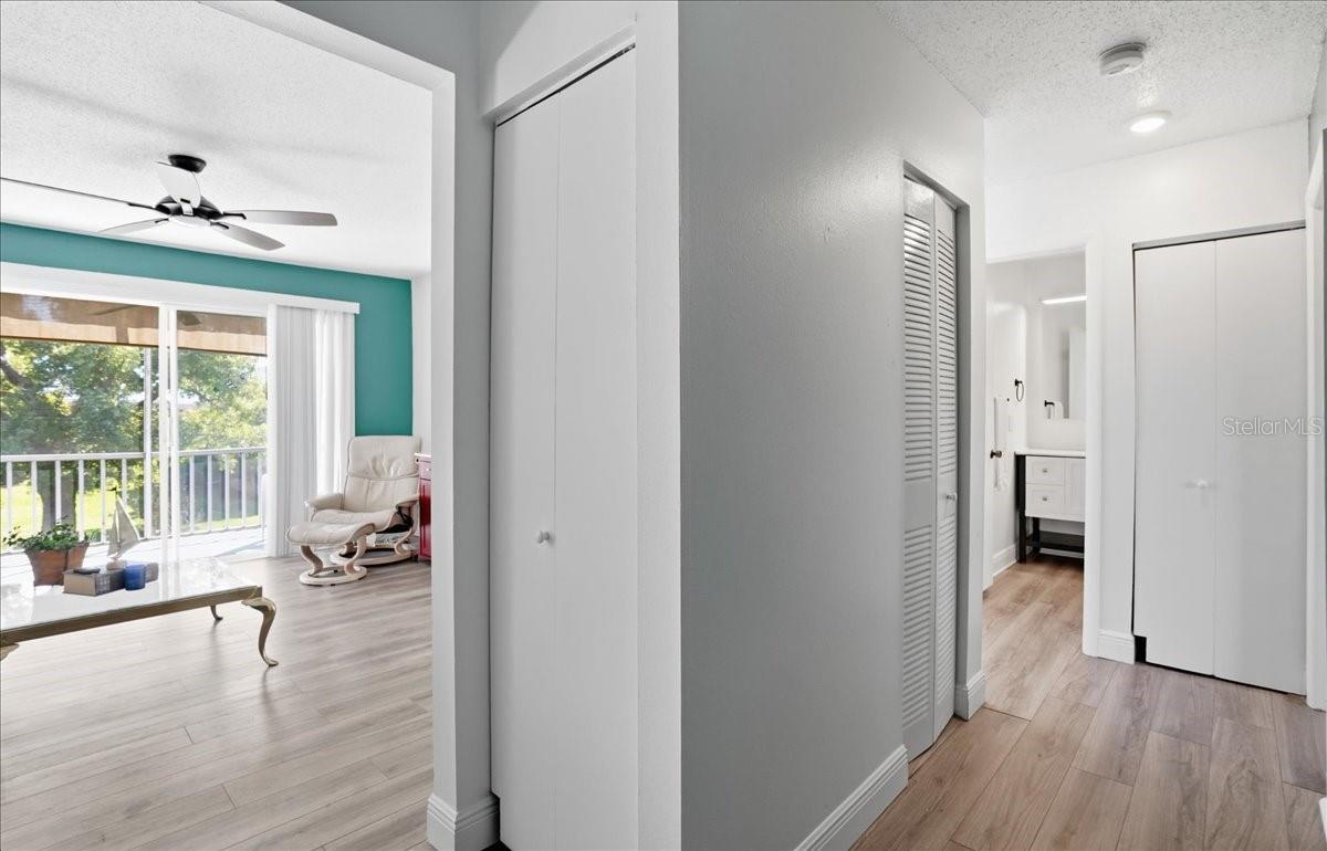 View from front door hall to bedroom on right and bath on rightr; living room on left.
