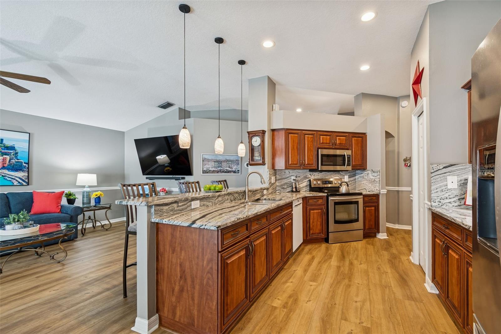 Your home features granite countertops in the kitchen and bathrooms.