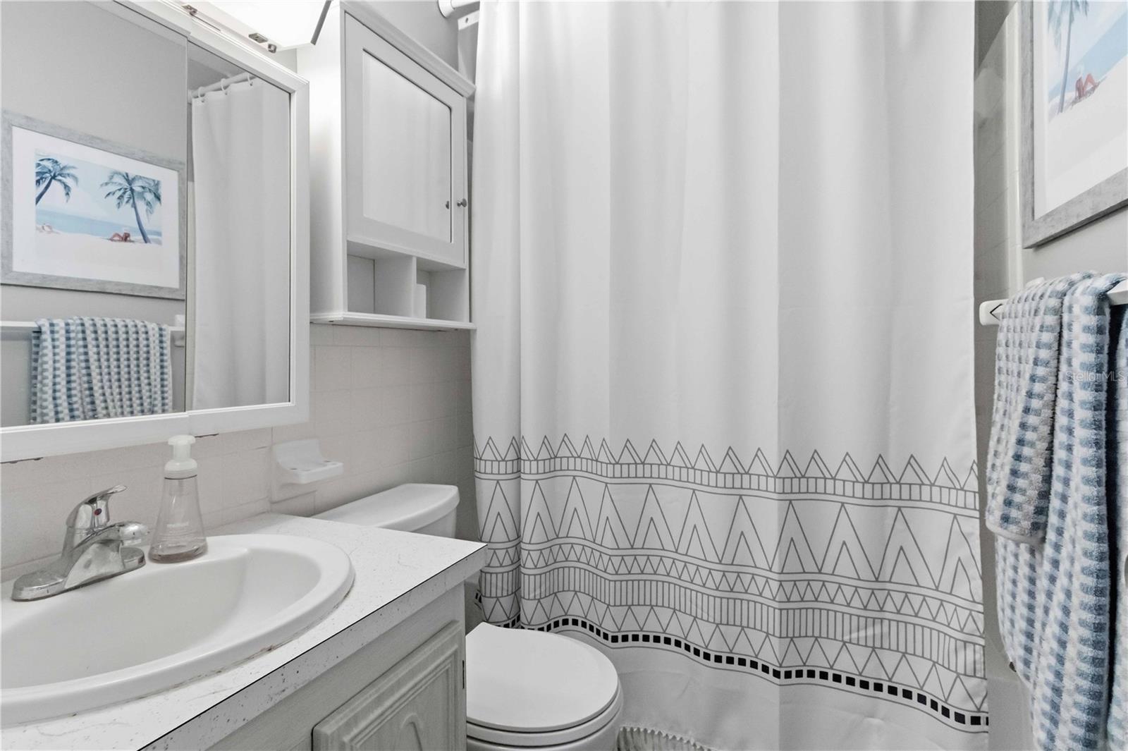 Guest bathroom has a tub.