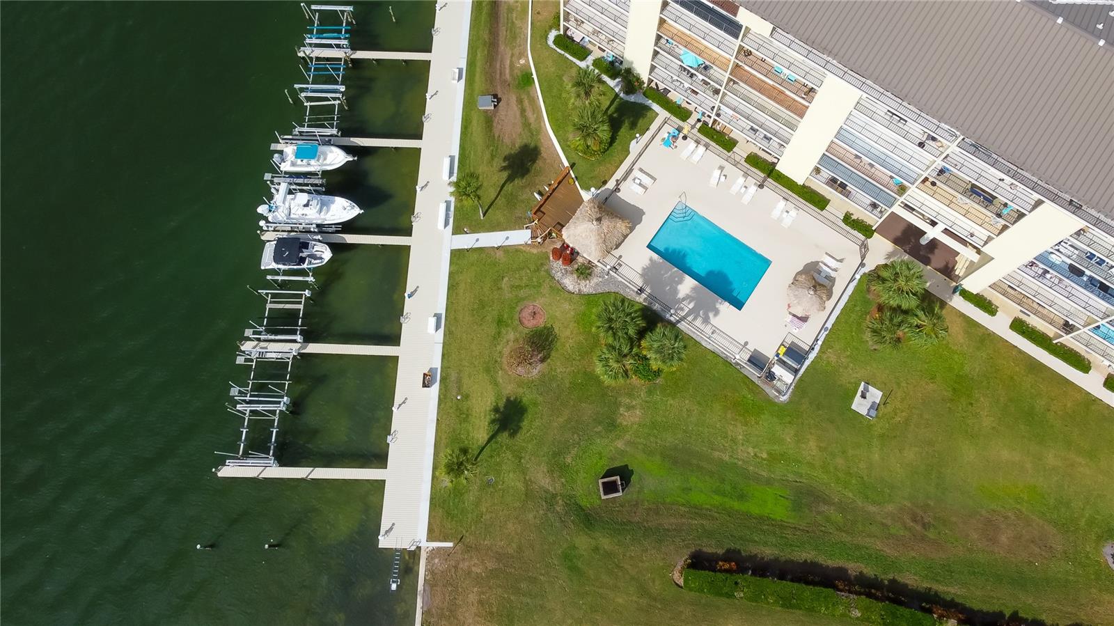 Aerial view of the pool and boat slips