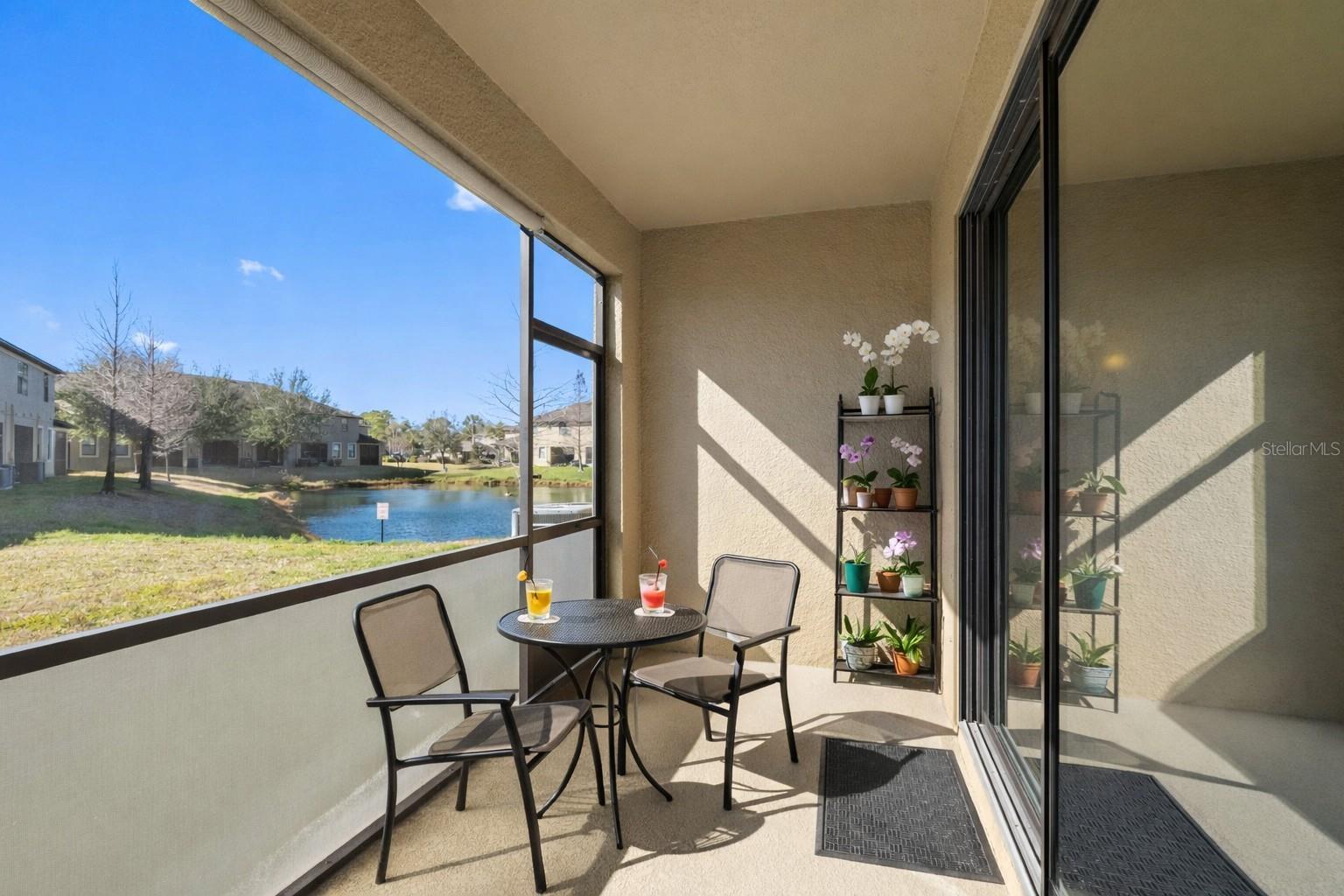 Private screened rear patio overlooking a tranquil pond—perfect for morning coffee or evening grilling.
