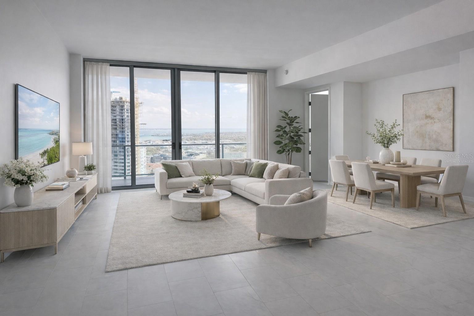 Living / Dining Room with Access to 52' Balcony in the Sky - Virtually Staged