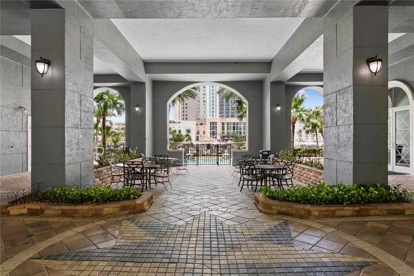 The covered outdoor seating area is perfect for enjoying any kind of weather.
