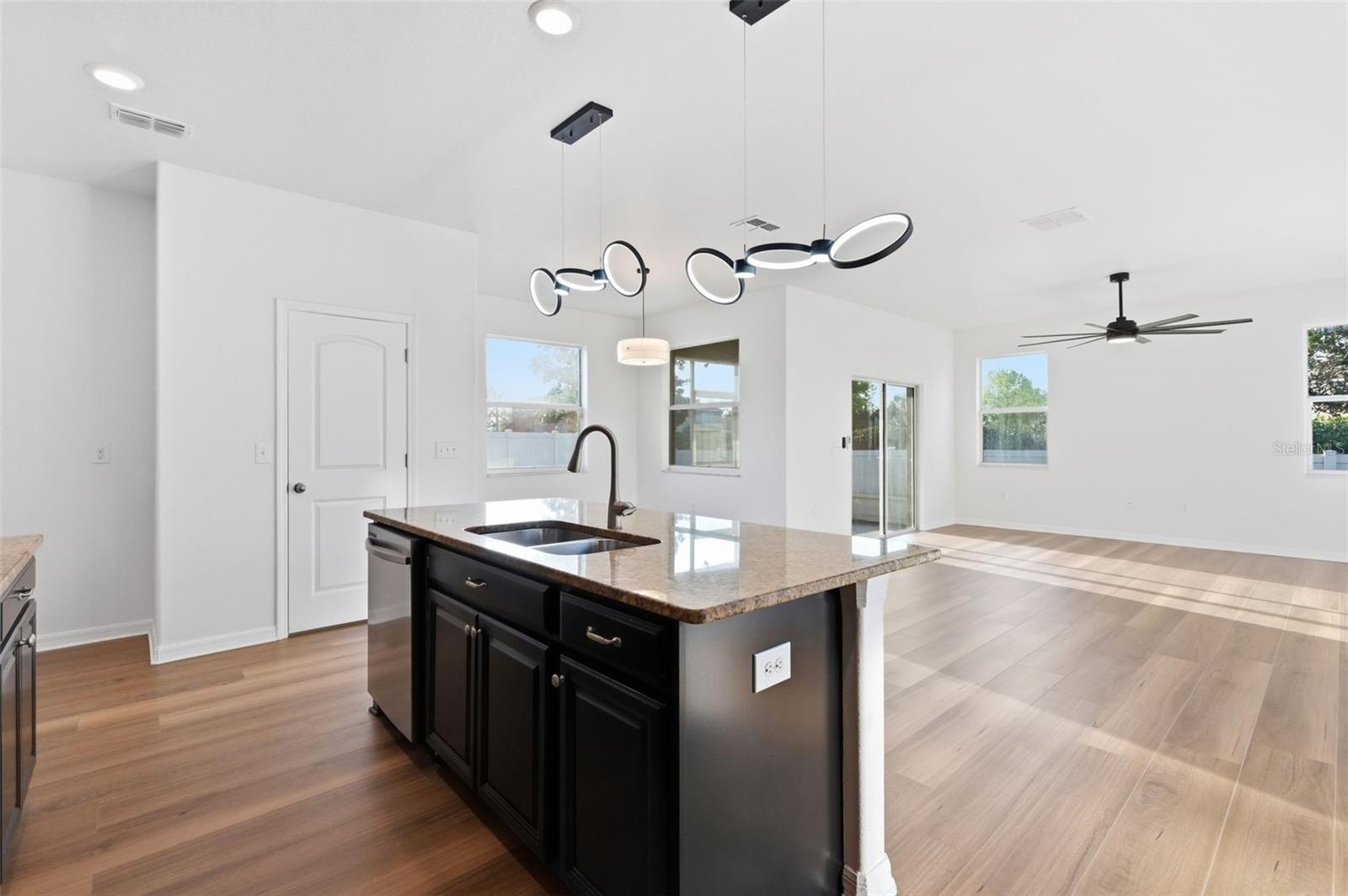 The Kitchen island overlooks the great room so if you are in the kitchen you can see what is happening in the dining room and living rooms.