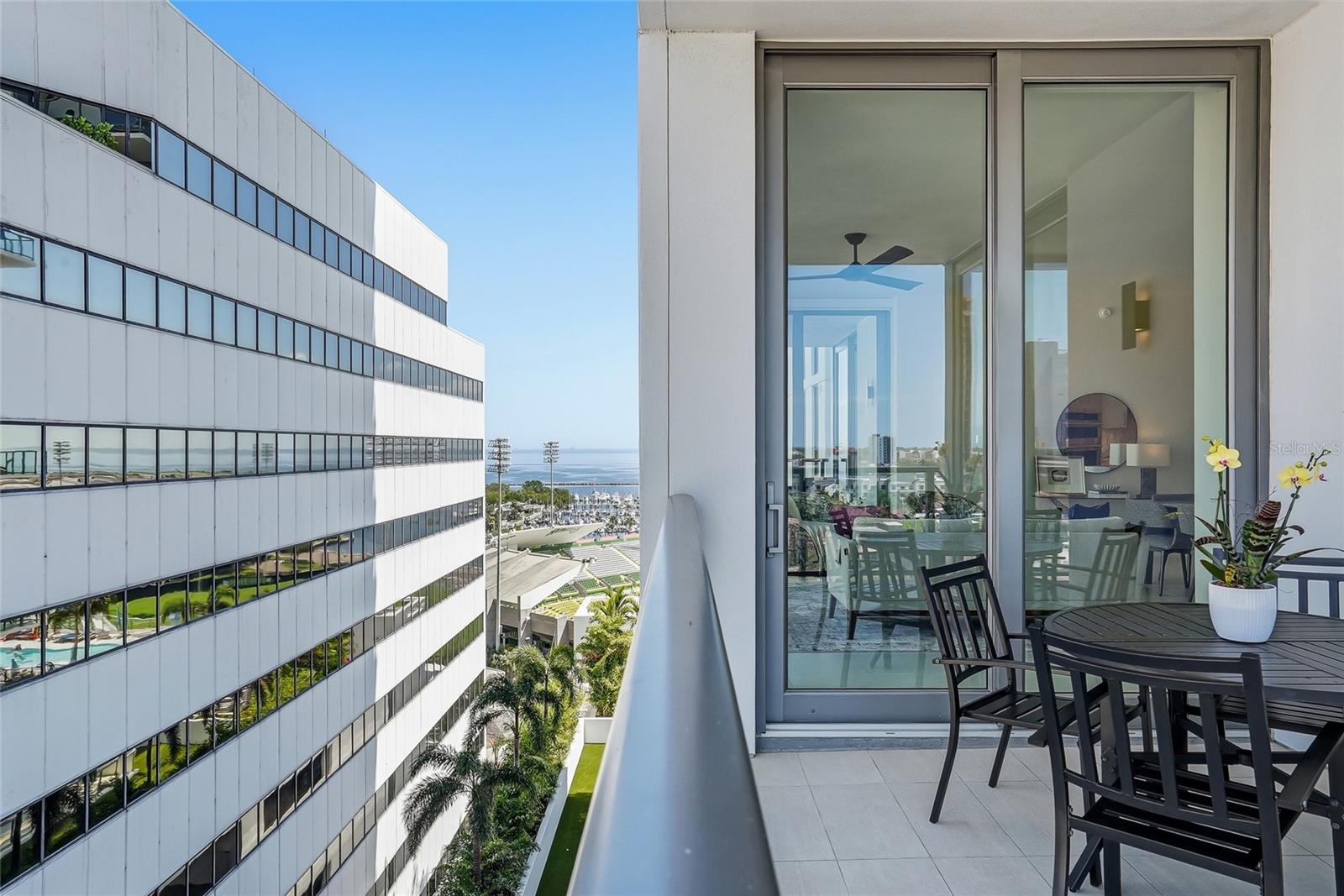 Second private terrace capturing sweeping Tampa Bay, marina, and downtown skyline views.