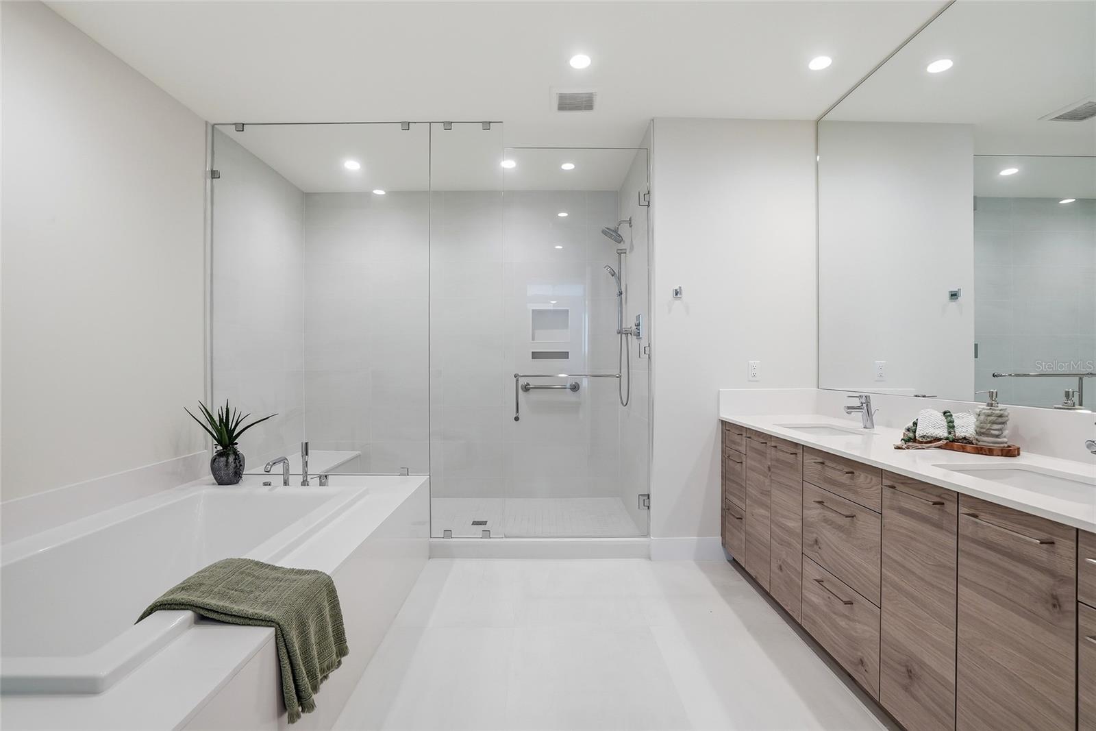 Luxurious primary bathroom with modern finishes, spacious layout, and spa like design.