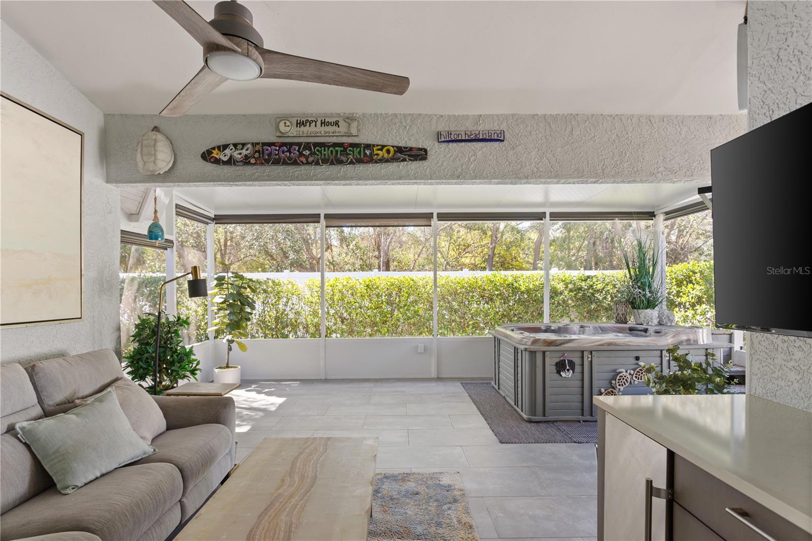 Covered Lanai with Custom Automated Outdoor Shades, Dry Bar, Beverage Fridge and Hot Tub