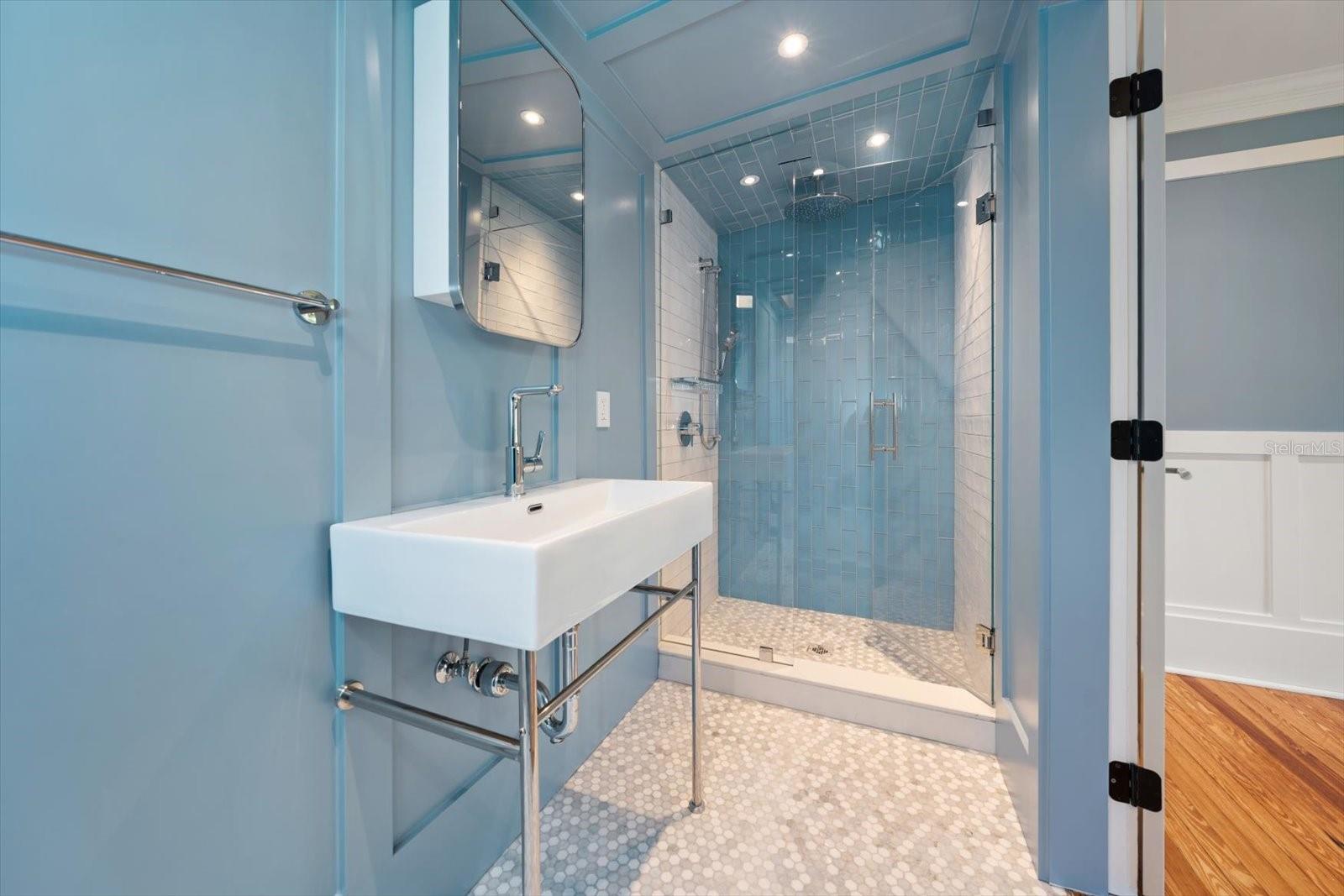 Bedroom #3 en suite bath, shaker walls, medicine cabinet, step in shower with rain head and hand held showers, glass tile, Swiss Madison sink with chrome stand, mahogany trimmed skylight, bluetooth fan.