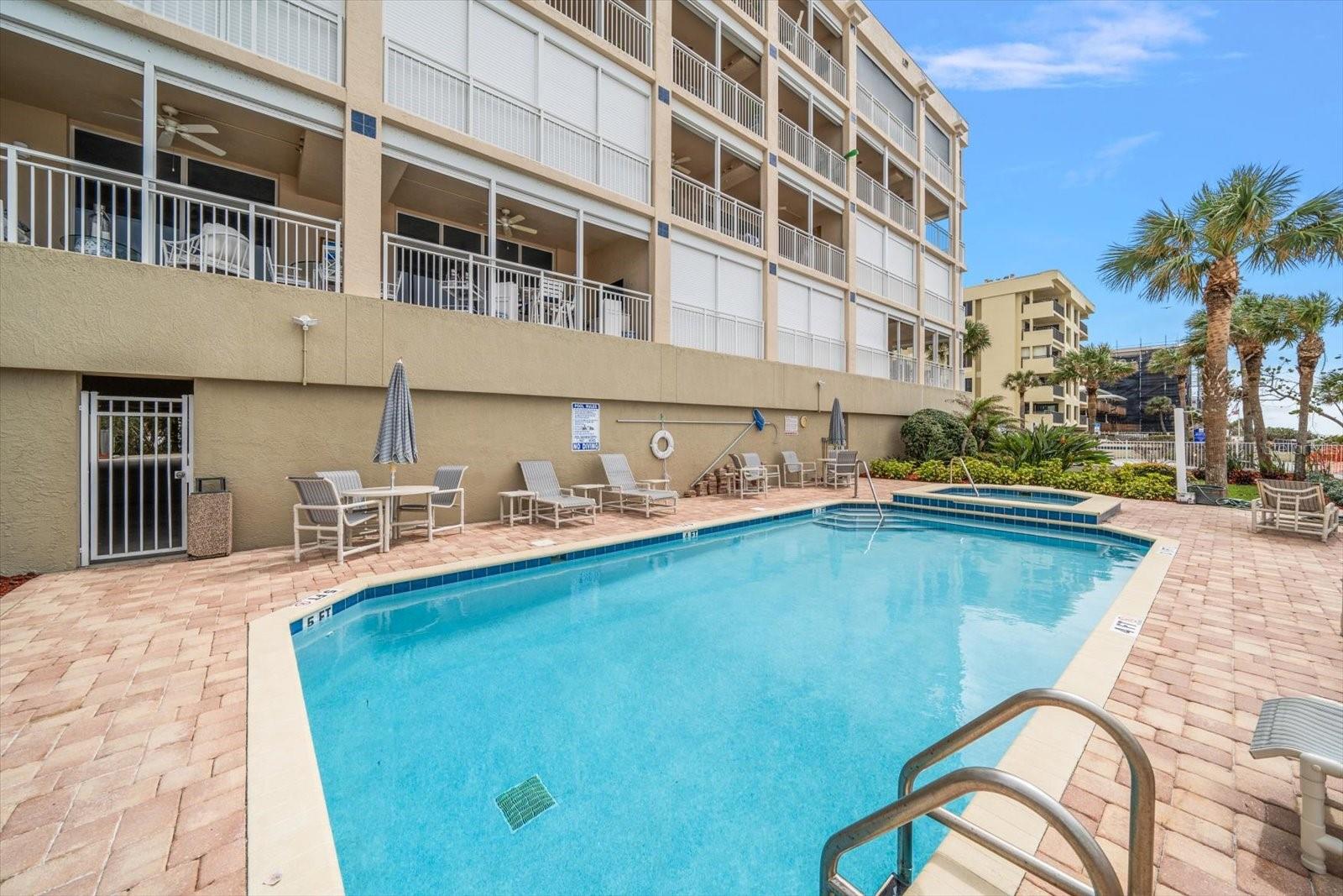 Heated pool and spa area with abundant deck area.