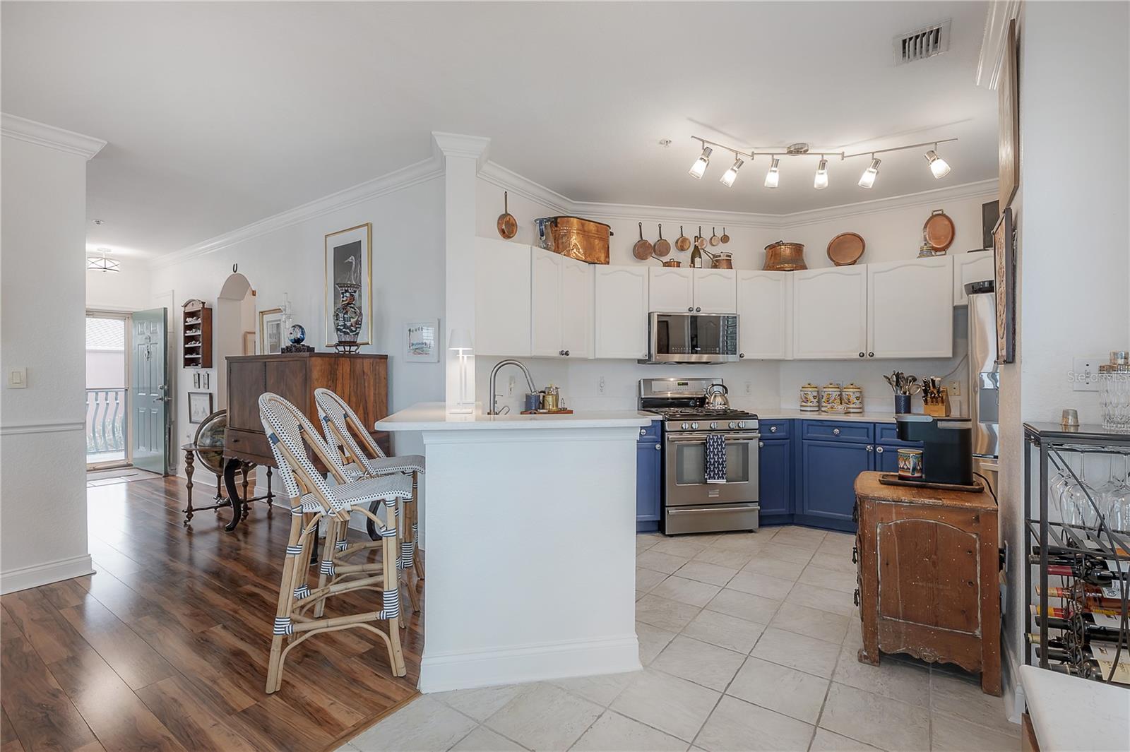 Kitchen with quartz countertops as seen from the balcony entrance