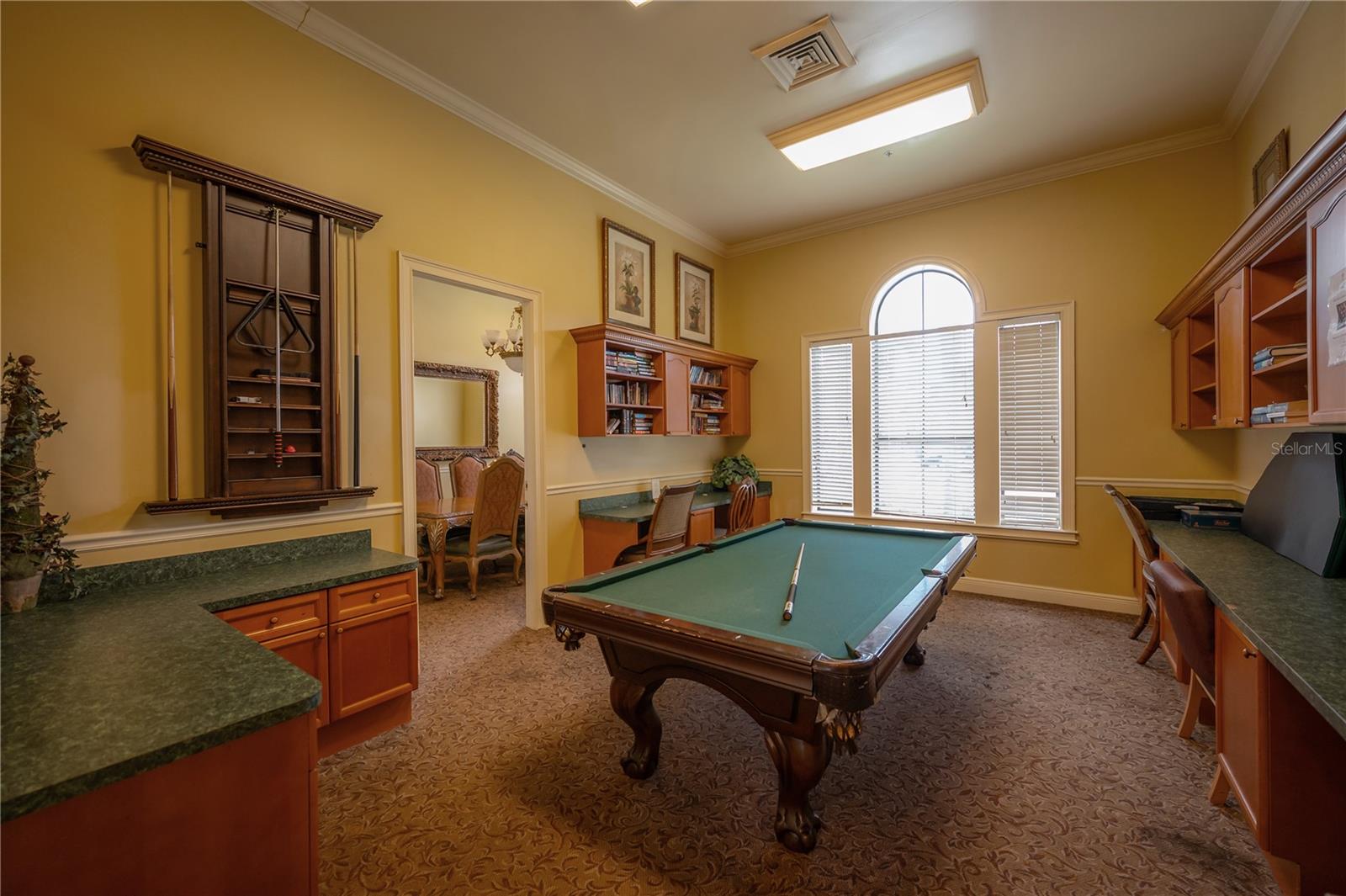 Game Room with pool table and lending library