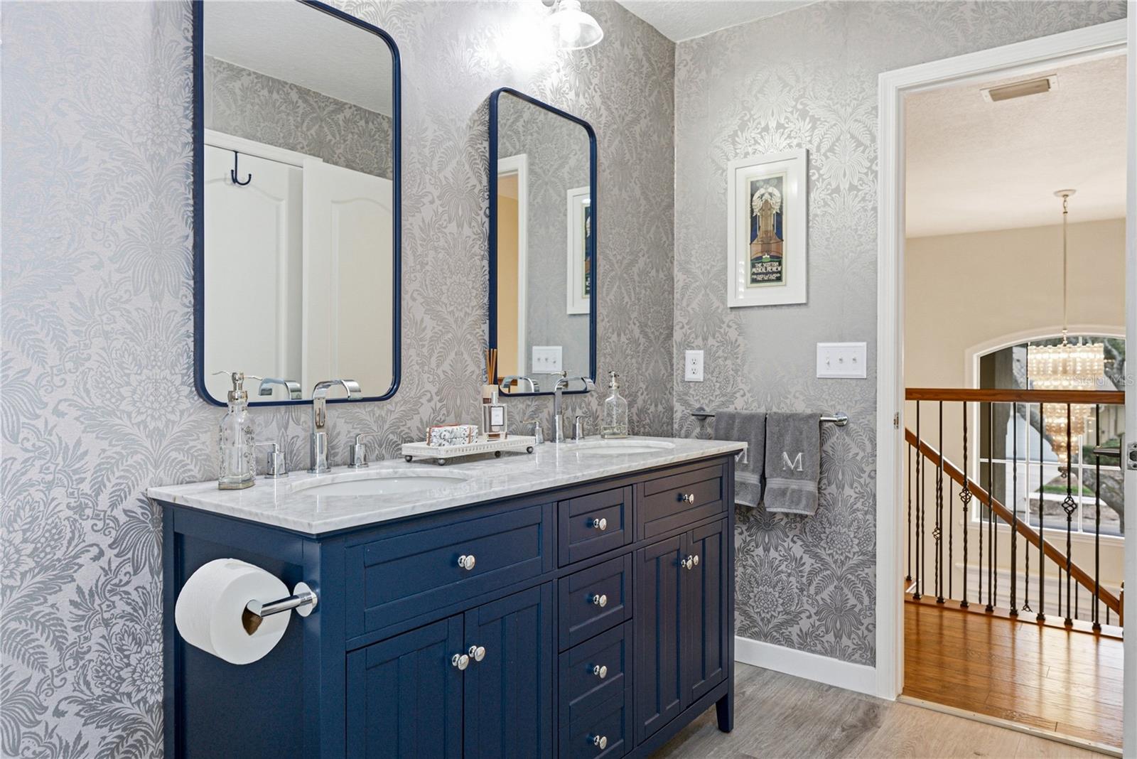 Remodeled Second Up Stairs Bath with Dual Sinks and Linen Closet