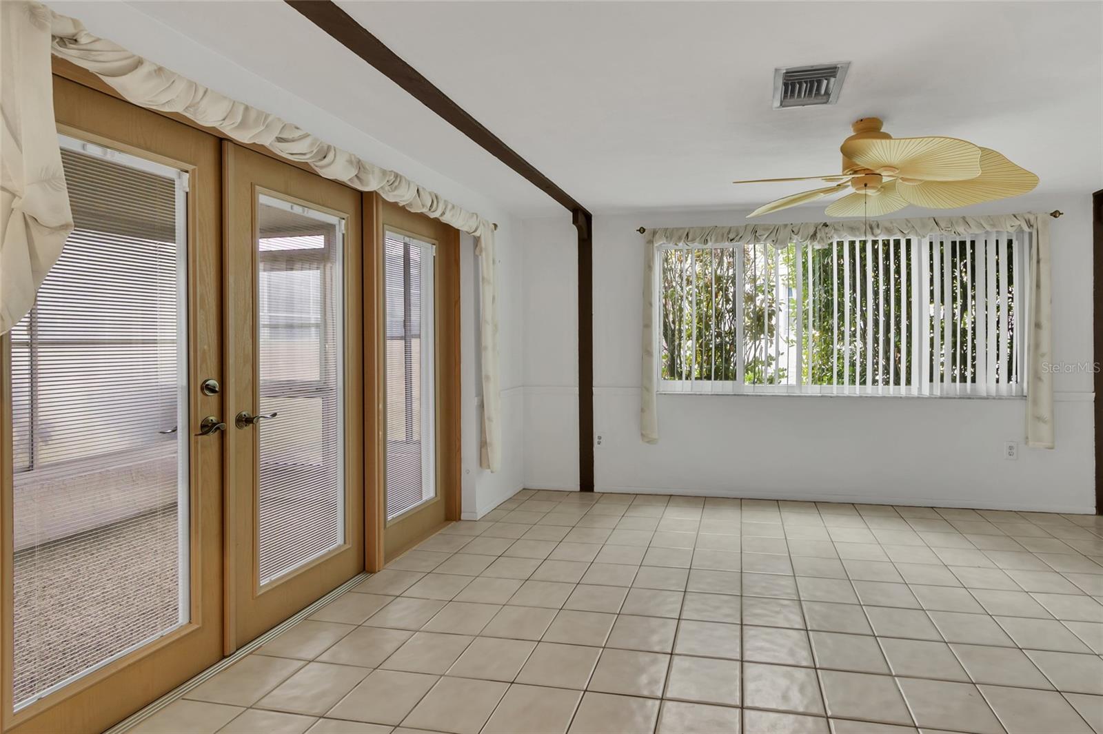 Family room with french doors to porch
