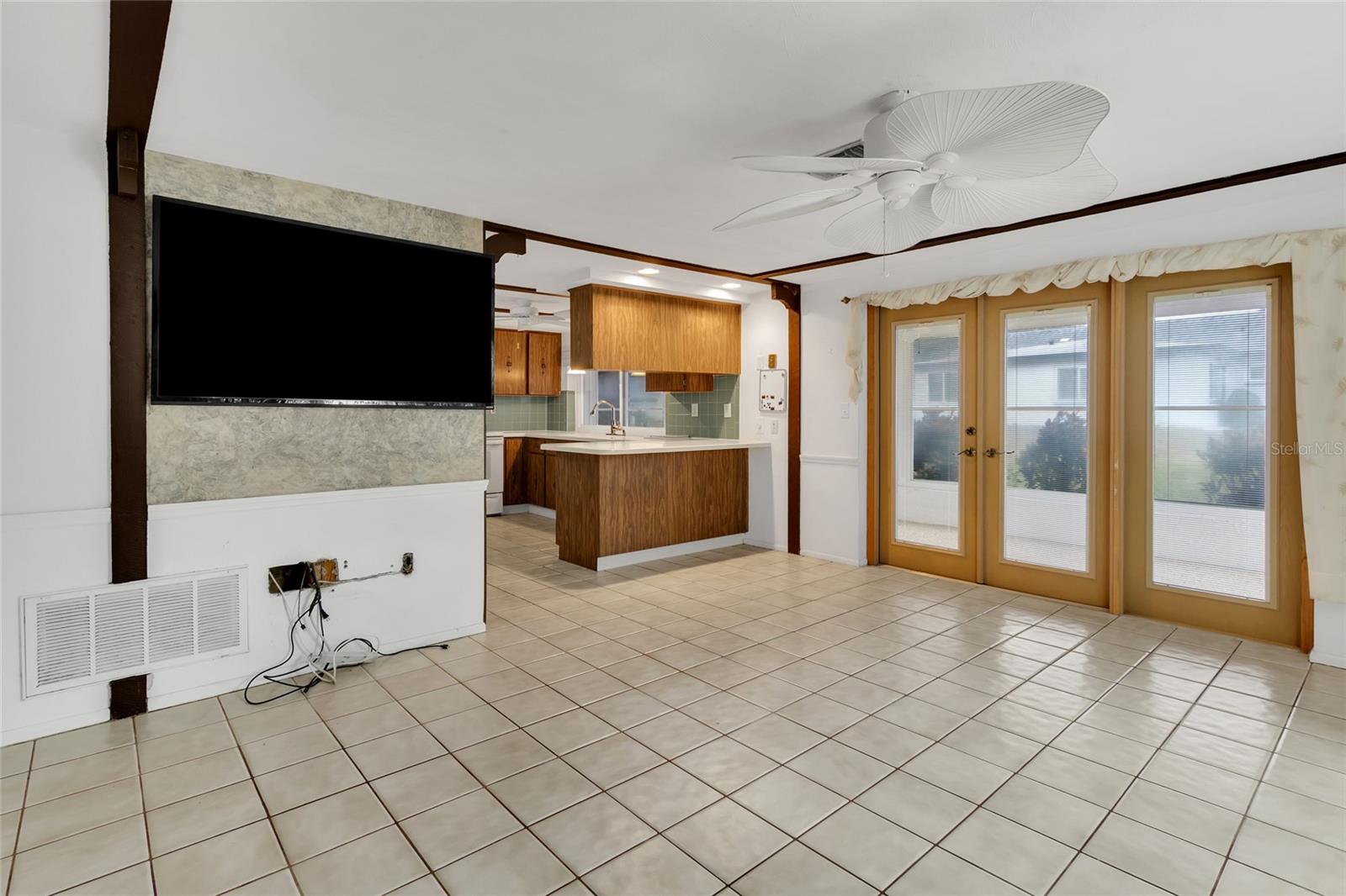 Family room with view of kitchen
