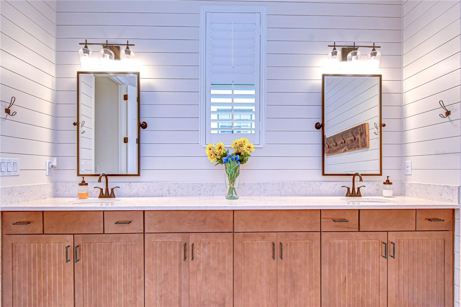 Dual sink vanity with custom Shiplap walls!