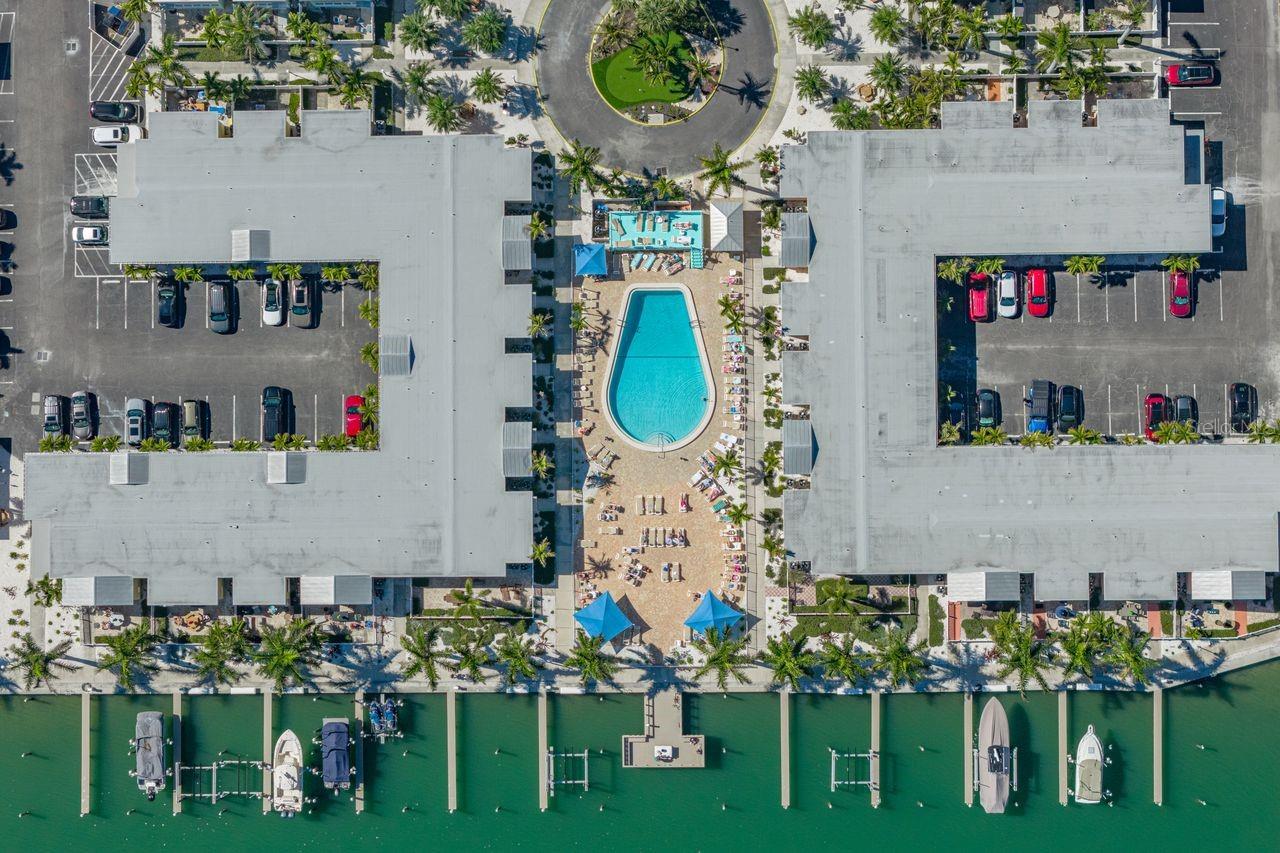 Aerial view of the pool and docks on the intercoastal waterway