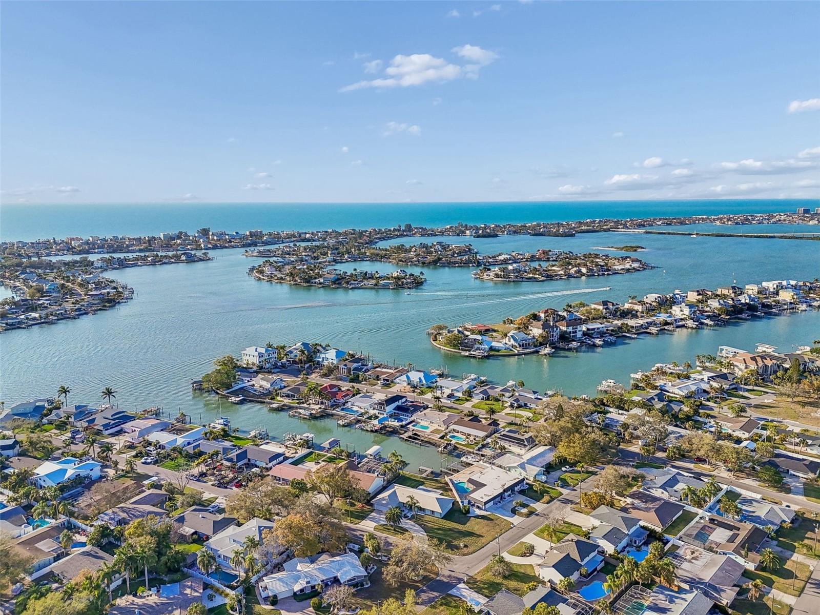 Aerial view looking out over the intracoastal at Indian Rocks Beach and across Gulf Boulevard to the beach!
