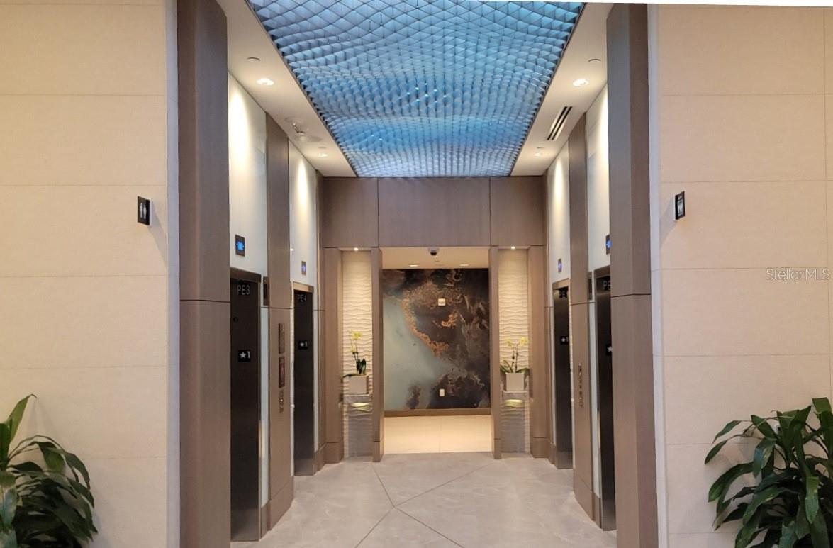 Even the elevator lobby is luxurious