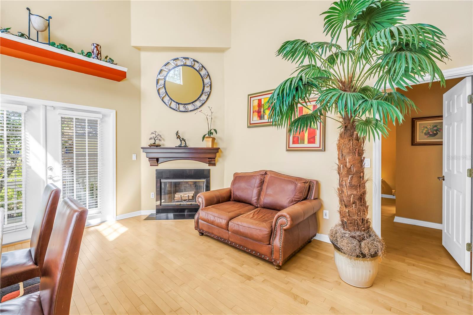 Wood burning fireplace.