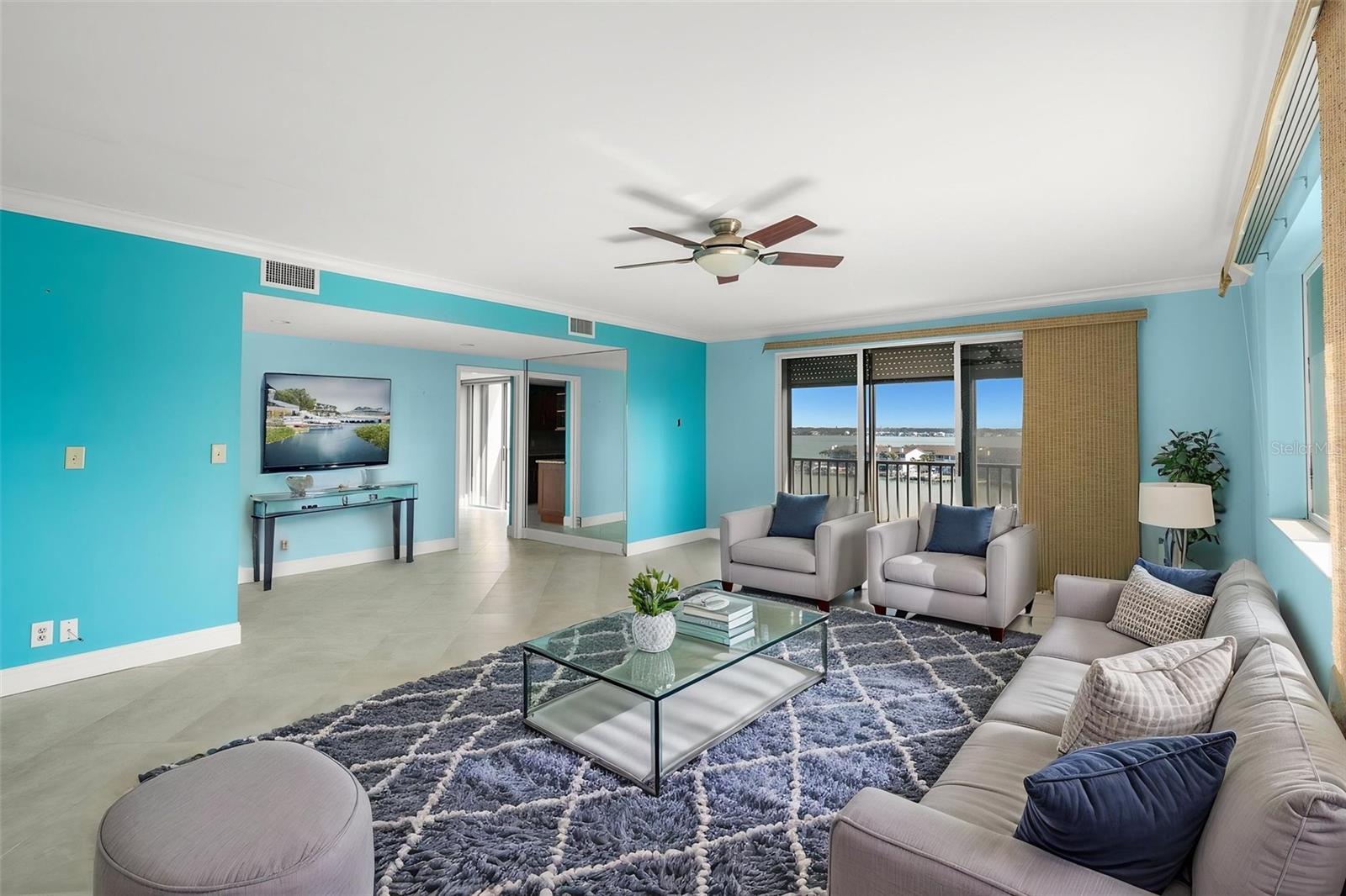 Virtually stages front living room