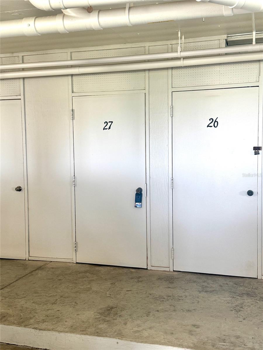 Private storage room in front of parking space