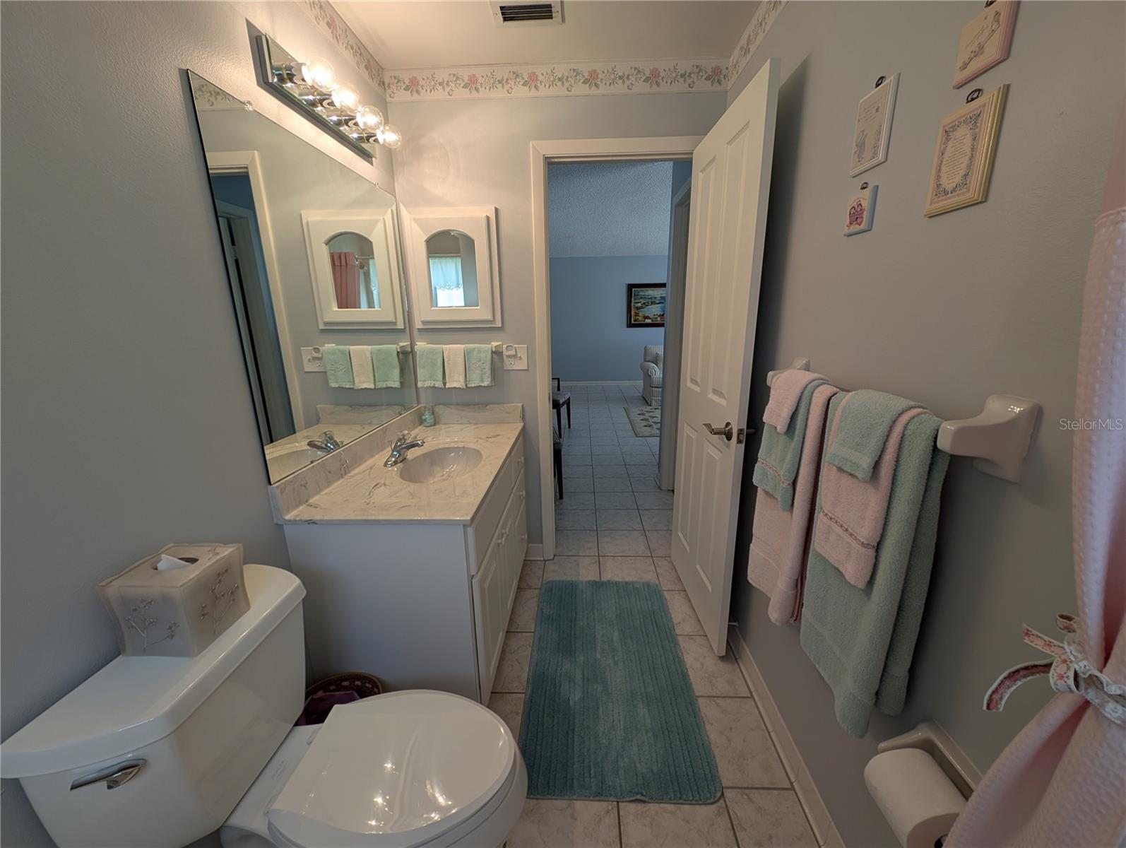 Main bath updates include faux marble sink top on white vanity, medicine chest, chrome fixtures, comfort height commode and new interior door (2015).