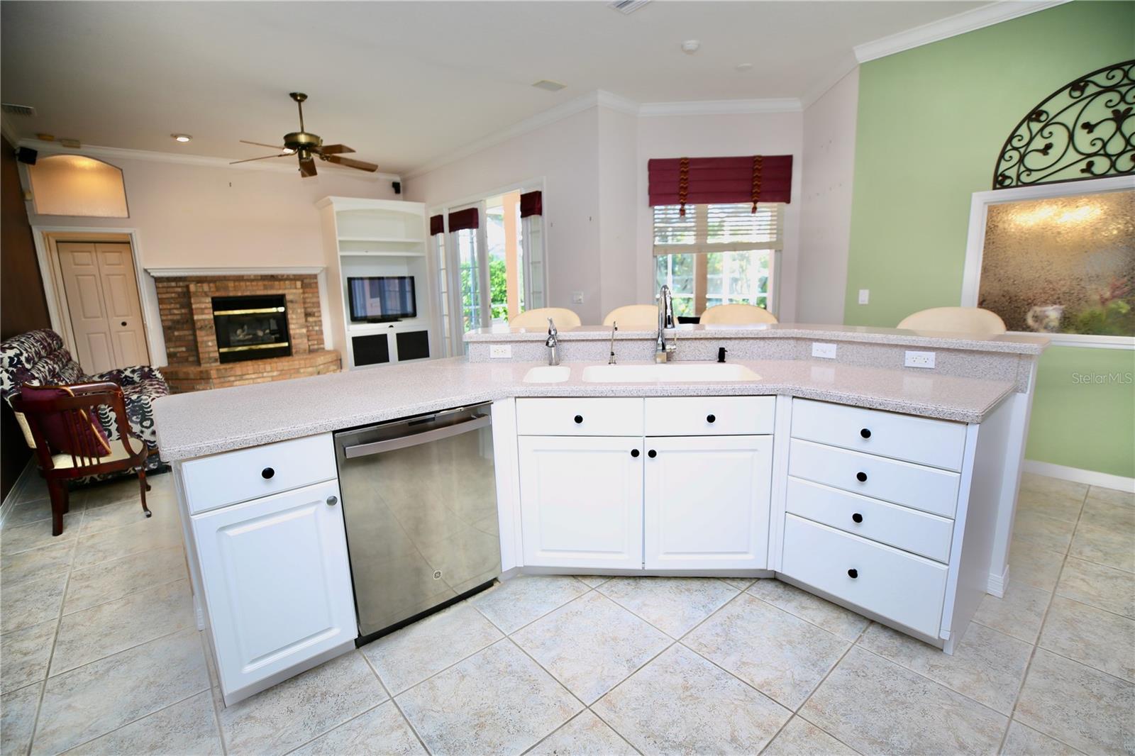 Open kitchen to Living Room and wood burning fireplace