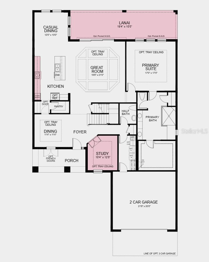 First Floor Plan - Additional Highlights Include: gourmet kitchen, study, covered extended lanai, 8" doors, floor outlet in great room, oak treads and painted risers on stairs with white wood spindles, 5 1/4" baseboards, kitchen undermount stainless steel apron front sink, GE Cafe advantage appliance package, straight valance wood vent hood, 4 extra LED's in primary suite and great room, extended RevWood laminate into primary suite, and soft close cabinets and drawers