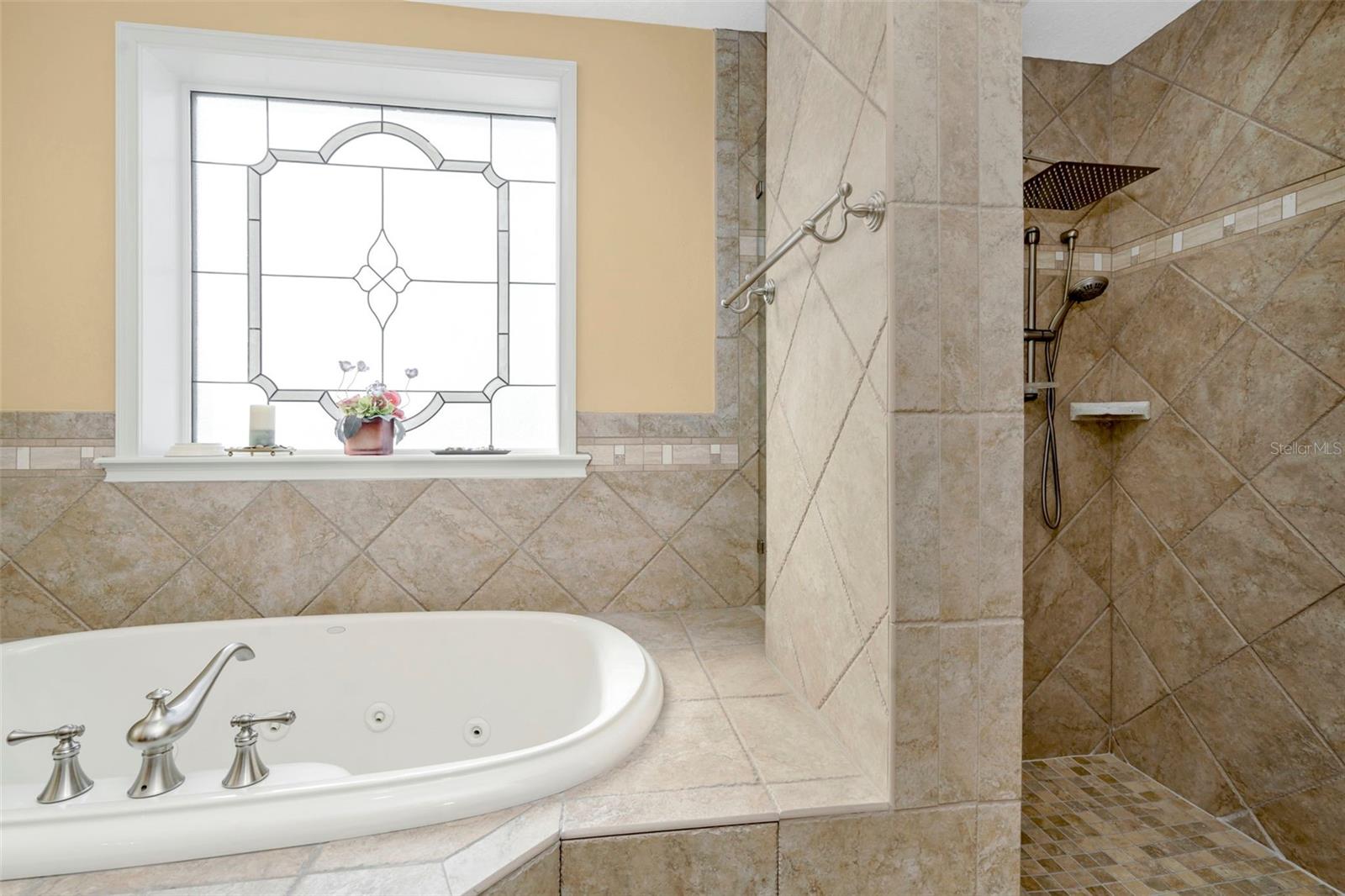 Large tub and walk-in shower in primary bathroom.