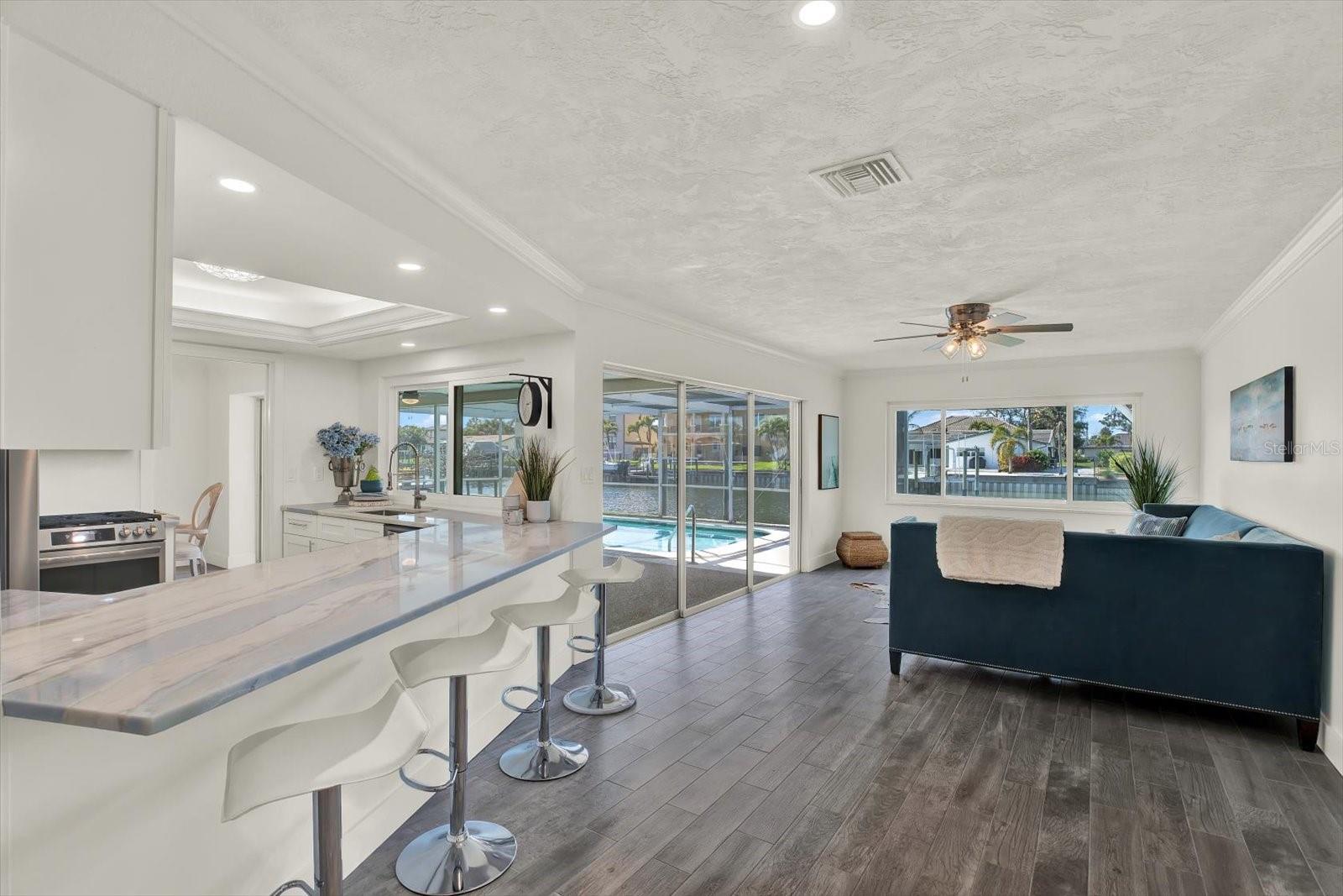 Breakfast bar and Oversized family room in background
