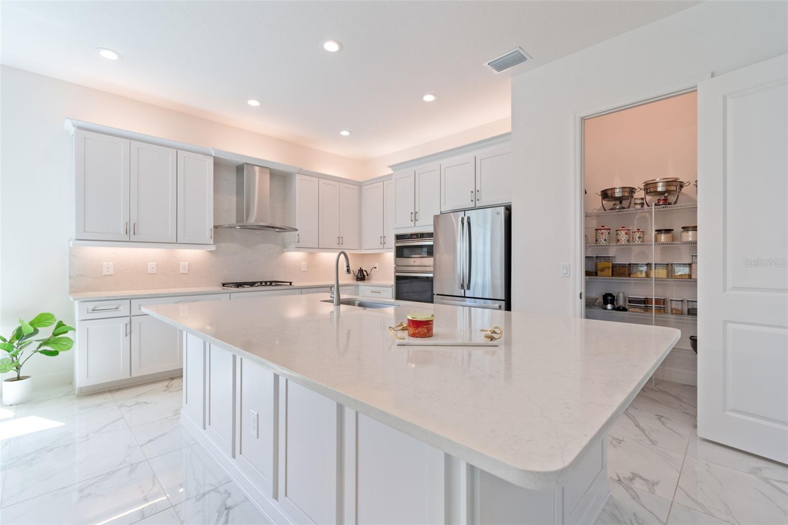 Large island allows for all types of gatherings and the generous walk-in pantry holds all your needs!