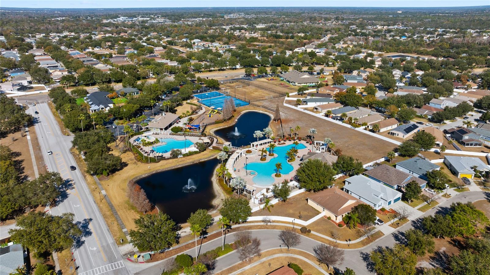 aerial view clubhouse and pool(s)!
