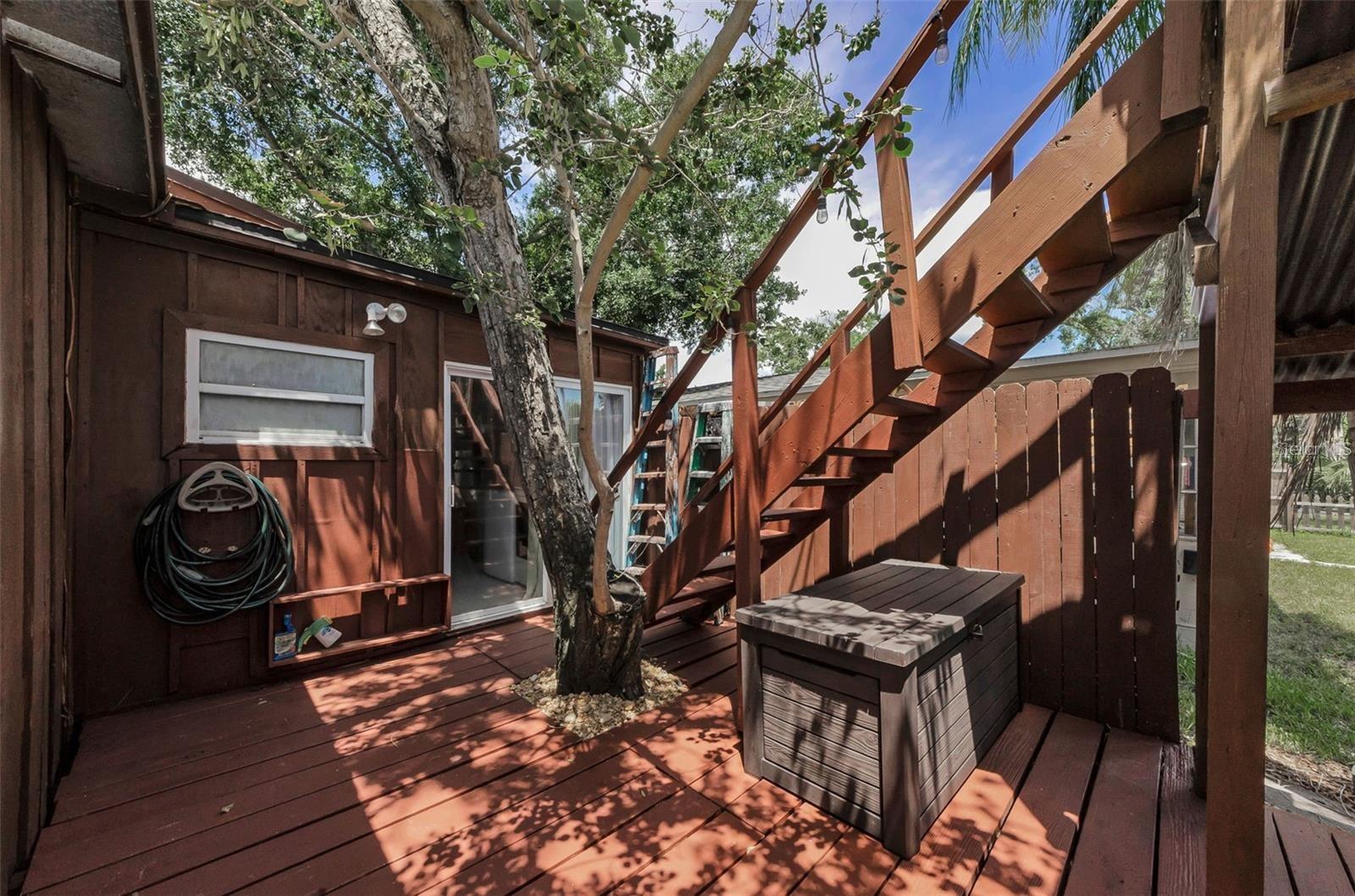Stairs to upper deck over boathouse